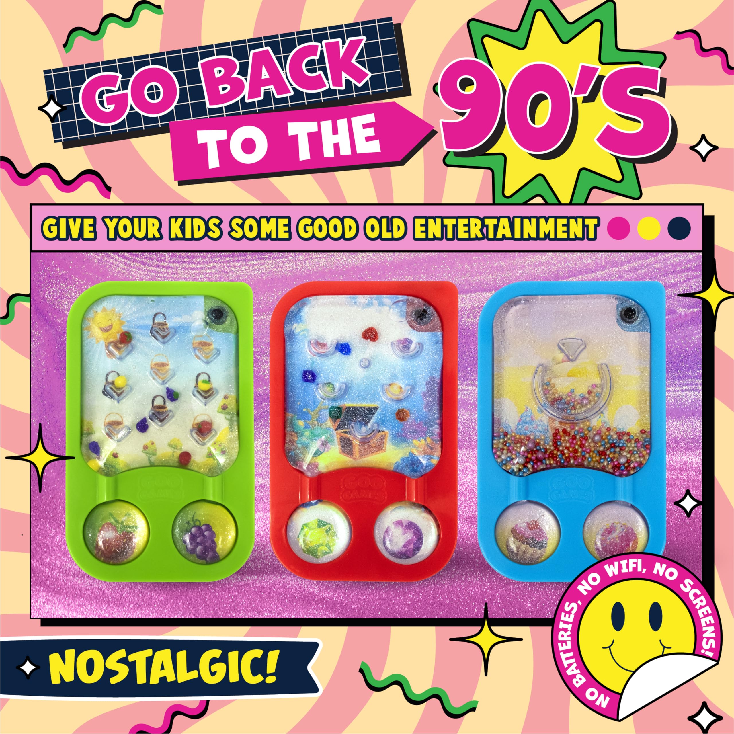 GooGames, Hand-Held Water Games with Floating Treasures, Sensory Fidget Game Adventures, Non-Toxic, No-Mess, Mesmerizing Glitter Fun, 3 Game Cards Included, Refillable, Perfect Travel Toy! (Candies)
