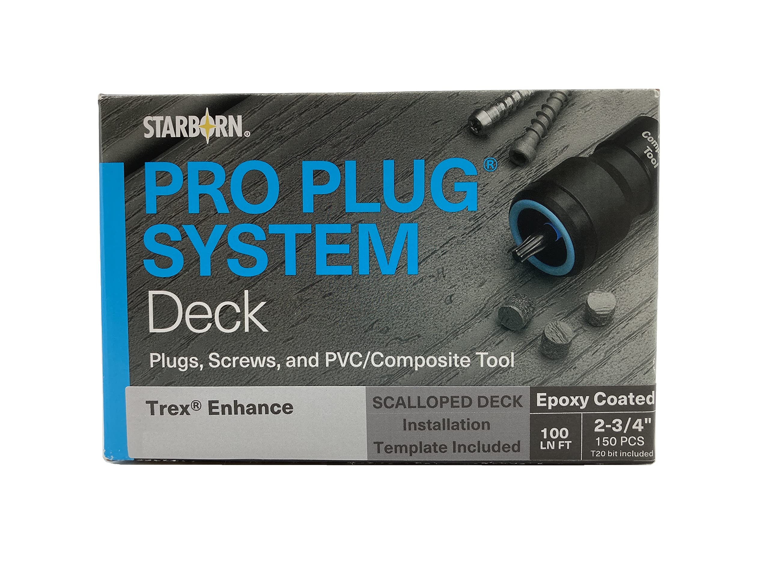 Starborn Pro Plug System Clam Shell PVC Composite Deck Boards, Covers 100 Linear Ft Complete Kit with Plugs, Screws, and Tool