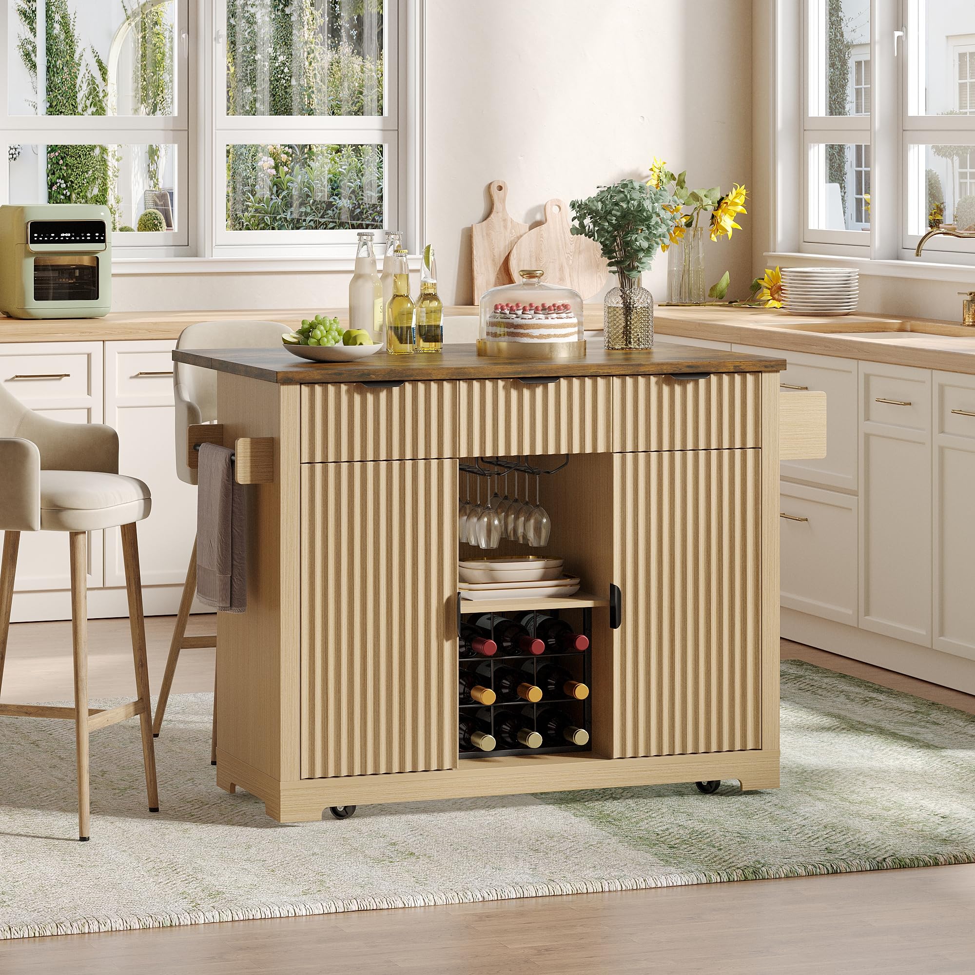 Maupvit 50" Fluted Sideboard Cabinet with Foldable Tabletop, Mobile Buffet Storage Cabinet with 2 Adjustable Cabinets, 3 Drawers, Wine & Glass Rack for Kitchen Dining Room,Natural