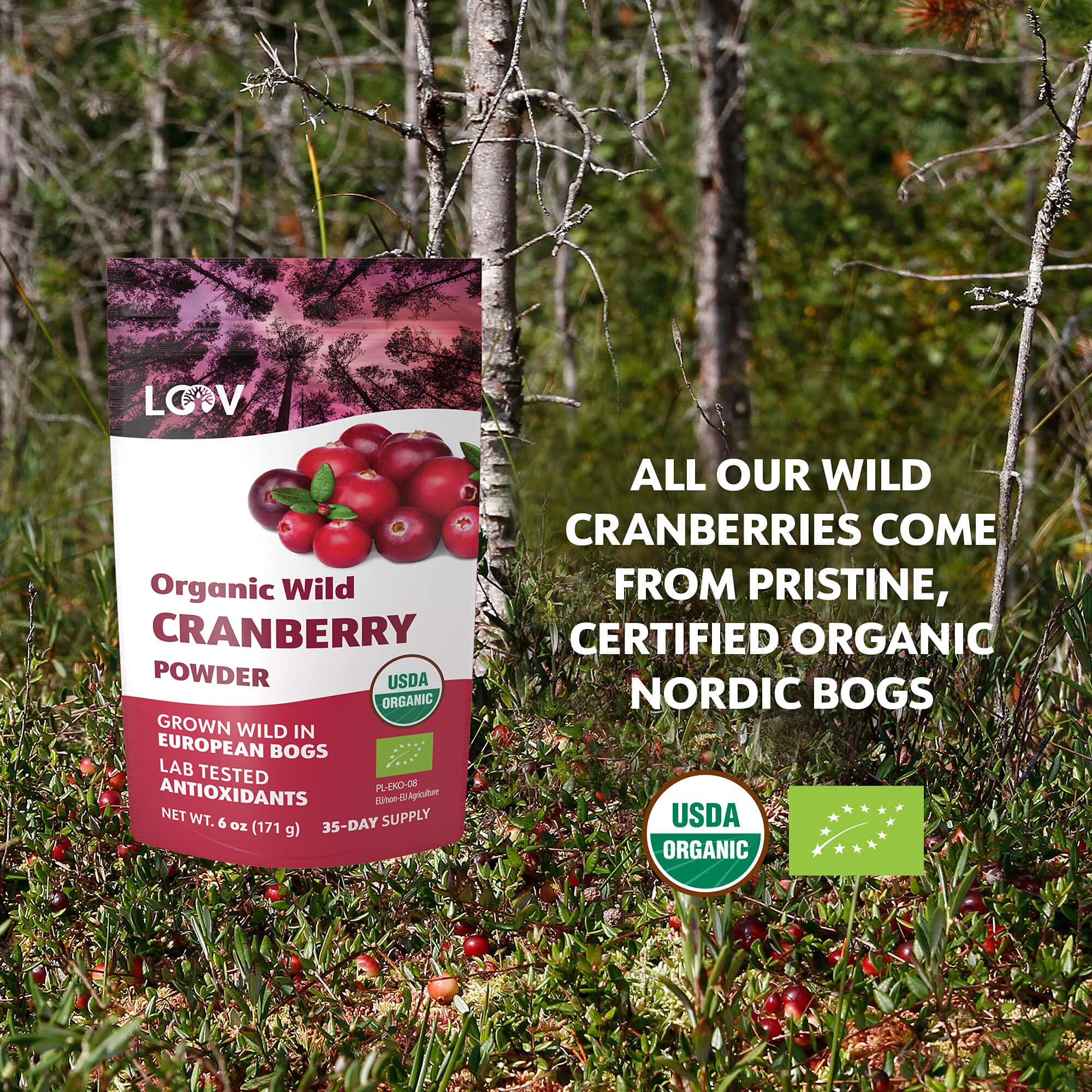 Wild Organic Freeze Dried Cranberry Powder, 6 Oz, 35-Day Supply, from Nordic Forests, No Added Sugar