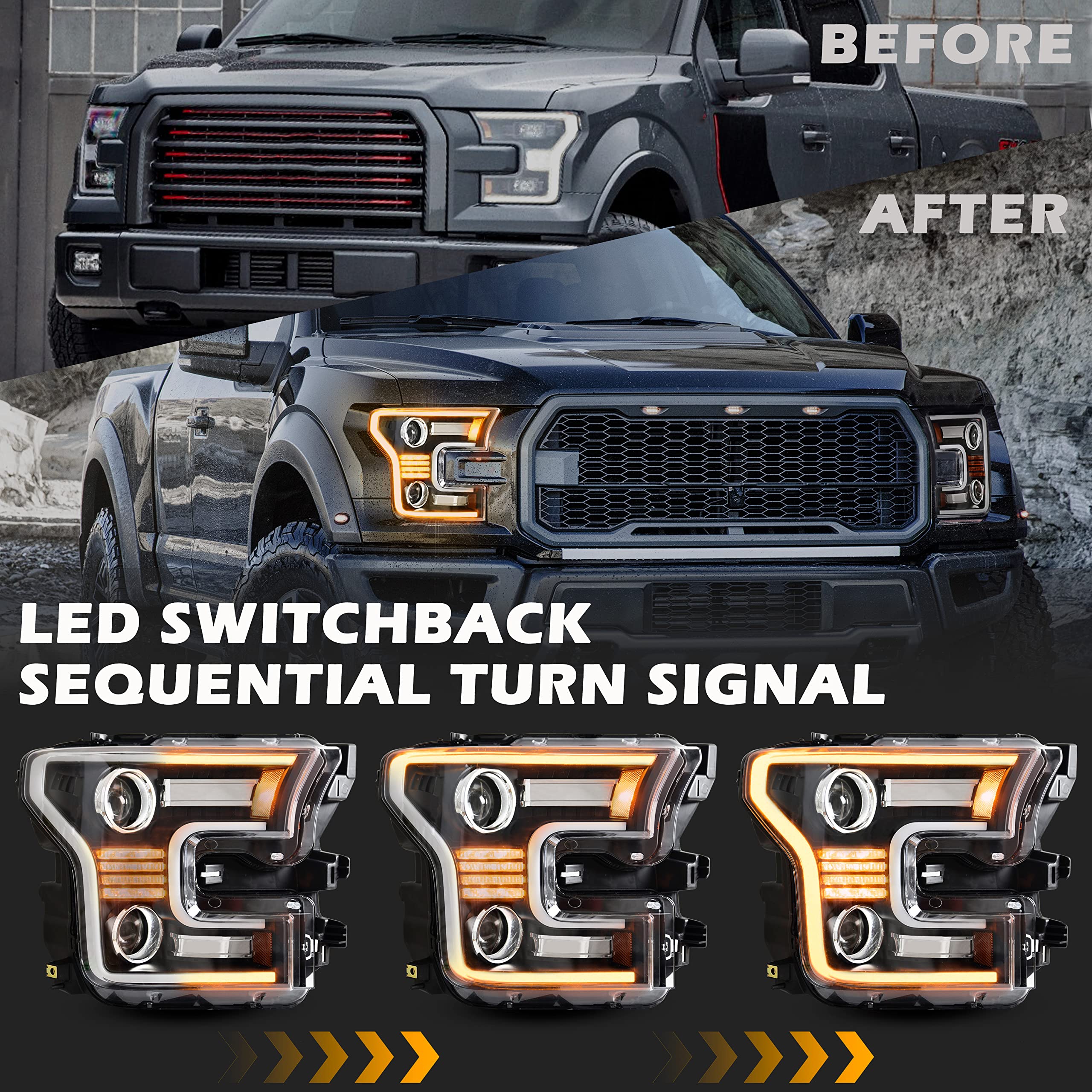 POKIAUTO Full LED Headlights for F150 15-17, DOT Approved LED Headlights Assembly with Switchback DRL Dynamic Animation Sequential Turn Signal for Ford F-150 2015-2017 (2PCS)