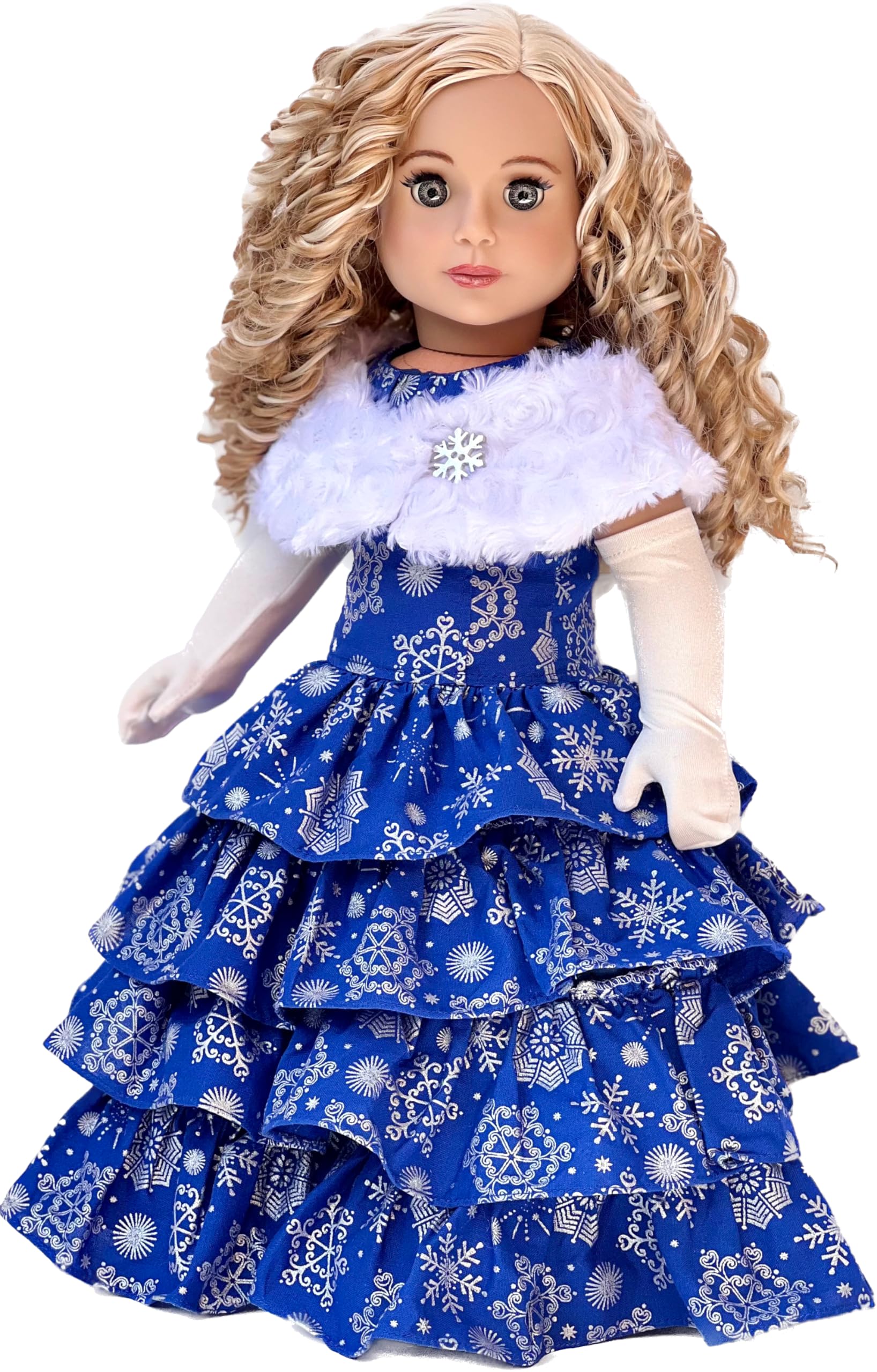 Silver Snowflake - 3 Piece 18 inch Doll Outfit - Blue Gown with White Stole and Long Gloves - (Doll Not Included)