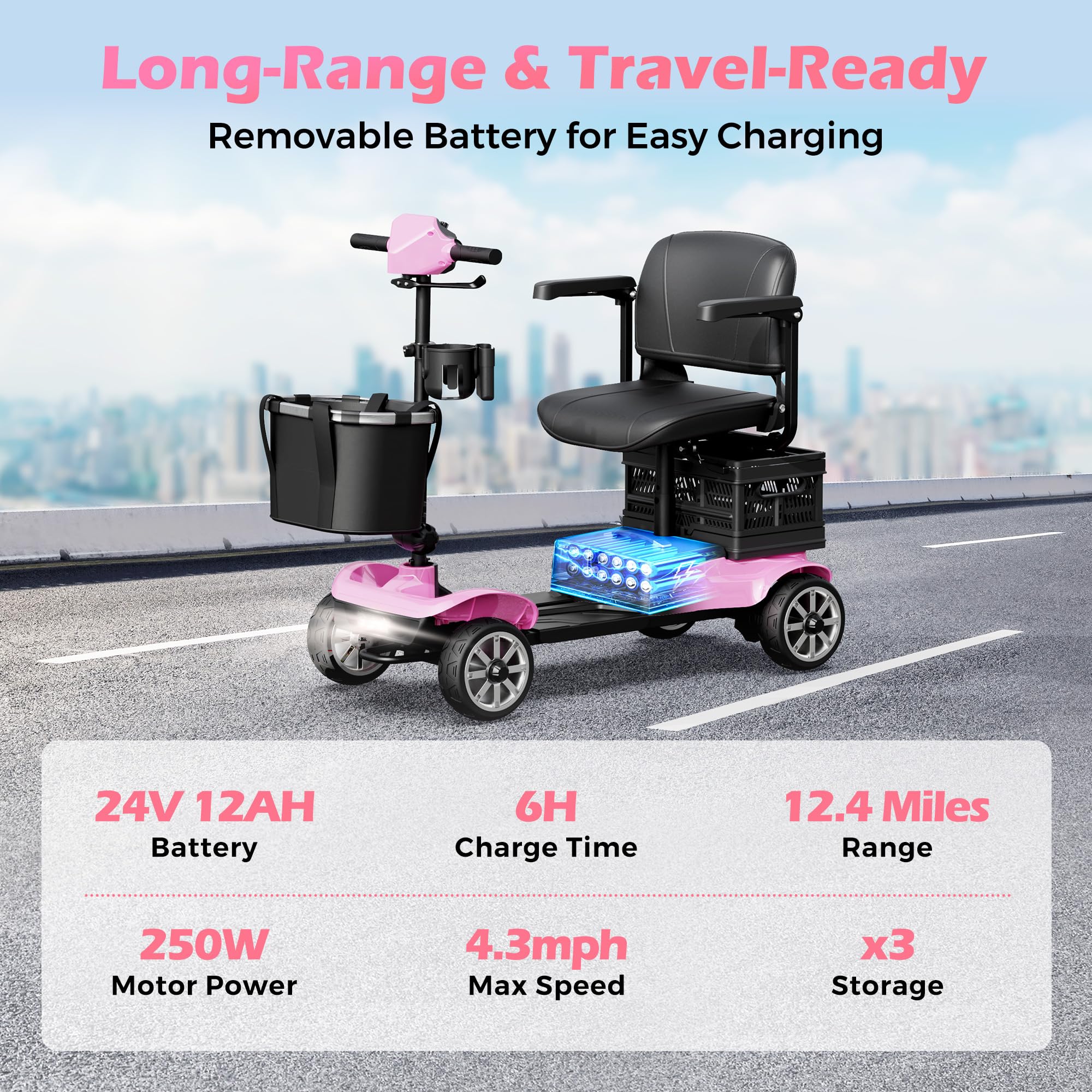 4-Wheel Mobility Scooter for Adults – Foldable Portable Motorized Scooters with 330lbs Capacity, Detachable Battery, Dual Baskets, Cup & Phone Holder, Pink