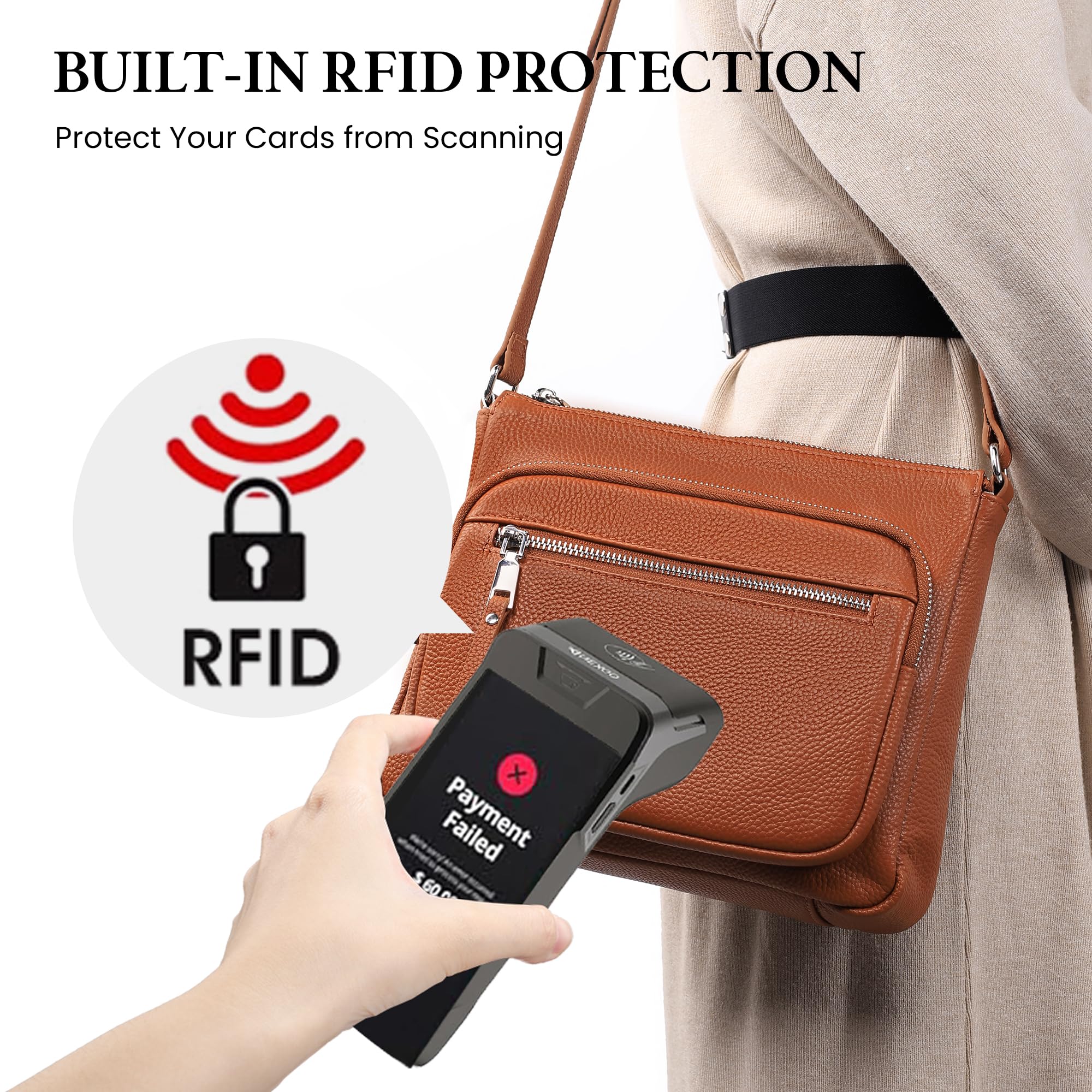 befen Genuine Leather Crossbody Bags for Women, RFID Blocking Leather Purse with Built in Wallet, Womens Handbag Shoulder Bag with Multi Zipper Pockets, Brown