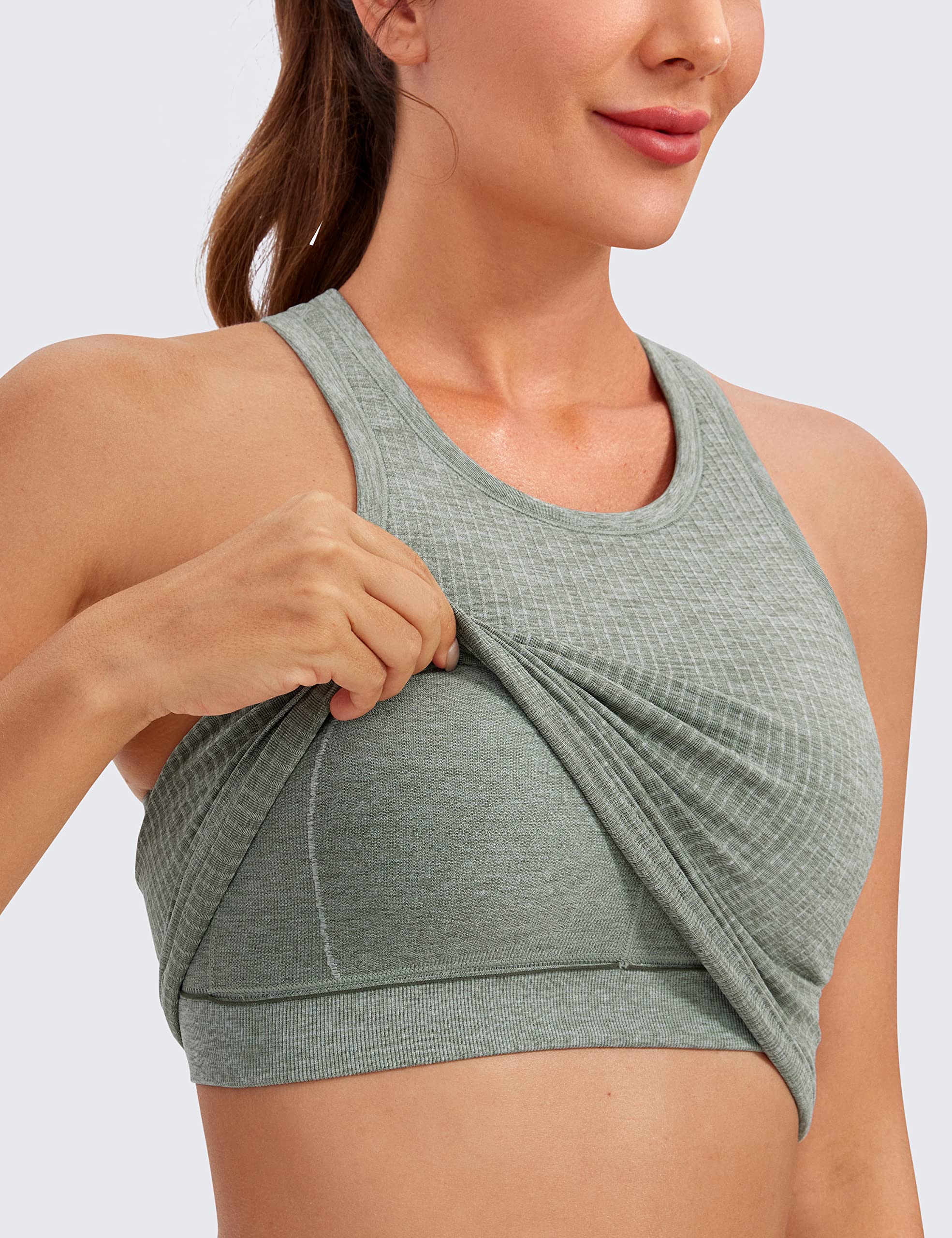 CRZ YOGA Womens Seamless Ribbed Longline High Neck Sports Bra - Racerback Padded Slim Fit Crop Tank Top with Built in Bra Dark Green Heather Medium