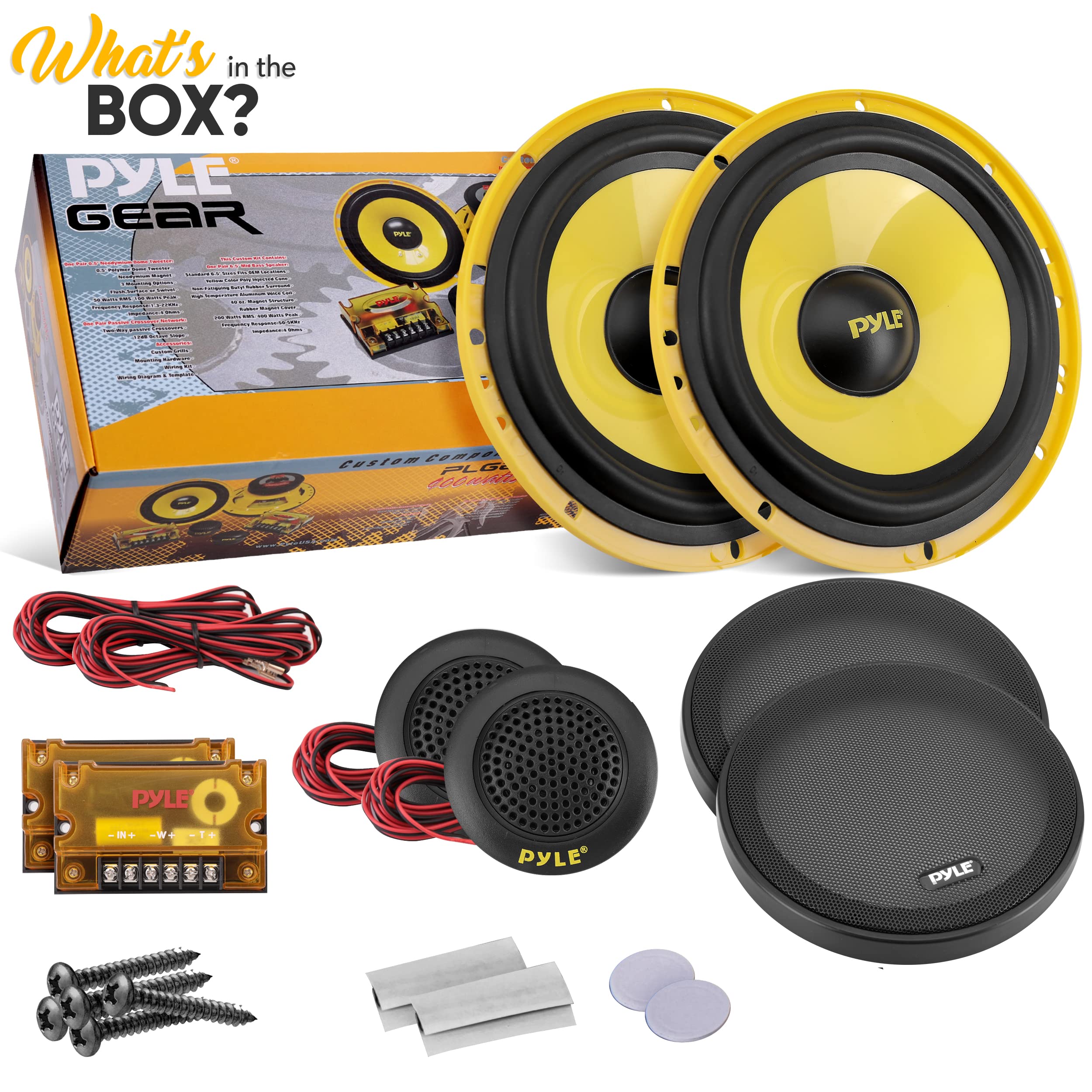 Pyle 2 Way Custom Component Speaker System - 6.5” 400 Watt, with Electroplated Plastic Basket, Butyl Rubber Surround & 40 Oz Magnet Structure - Wire Installation Hardware Set Included - PLG6C, Yellow