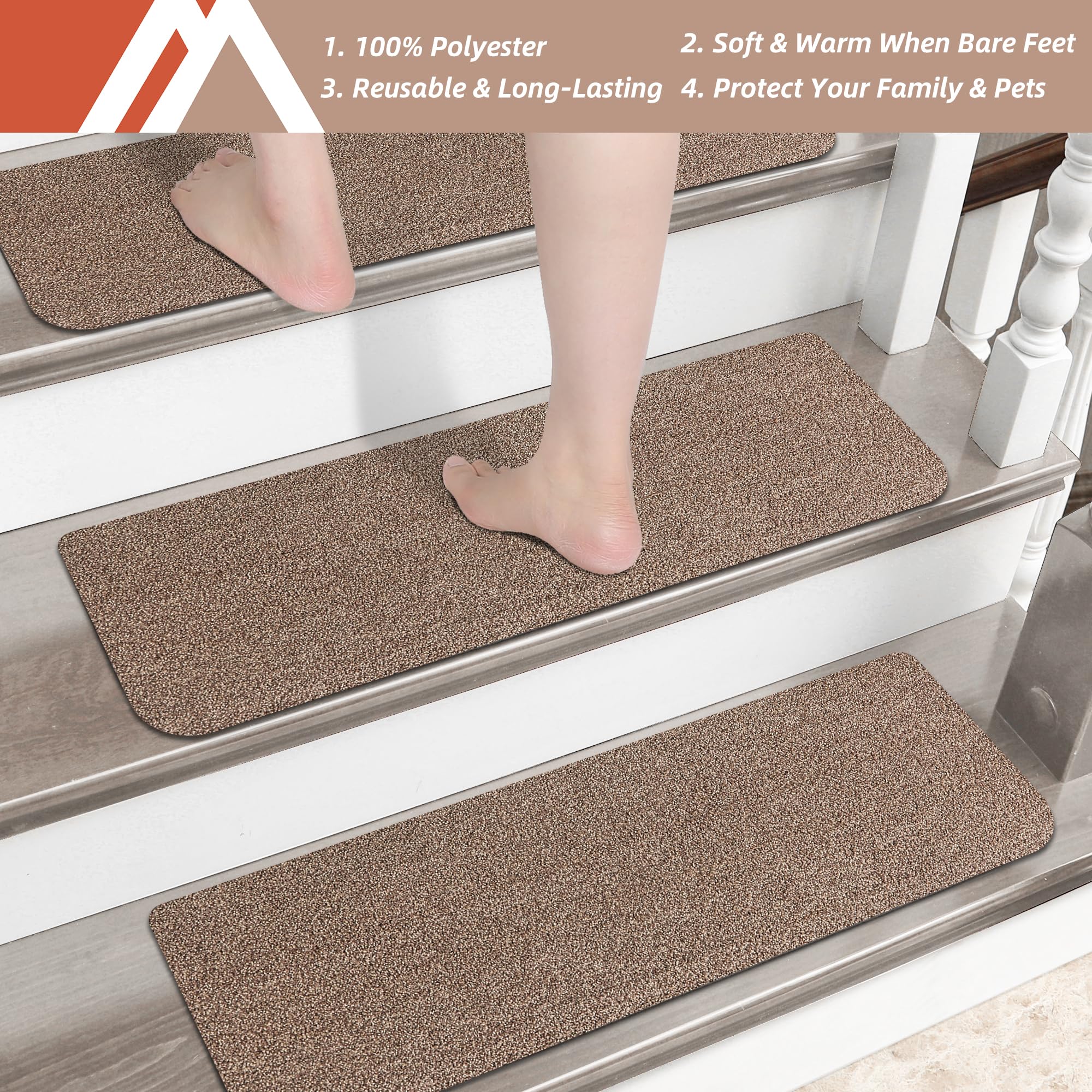 COSY HOMEER Stair Treads Non-Slip 15pcs Carpet Mat 28inX9in Indoor Stair Runners for Wooden Steps, Stair Rugs for Kids and Dogs, 100% Polyester TPE Backing Beige,Protect Floor