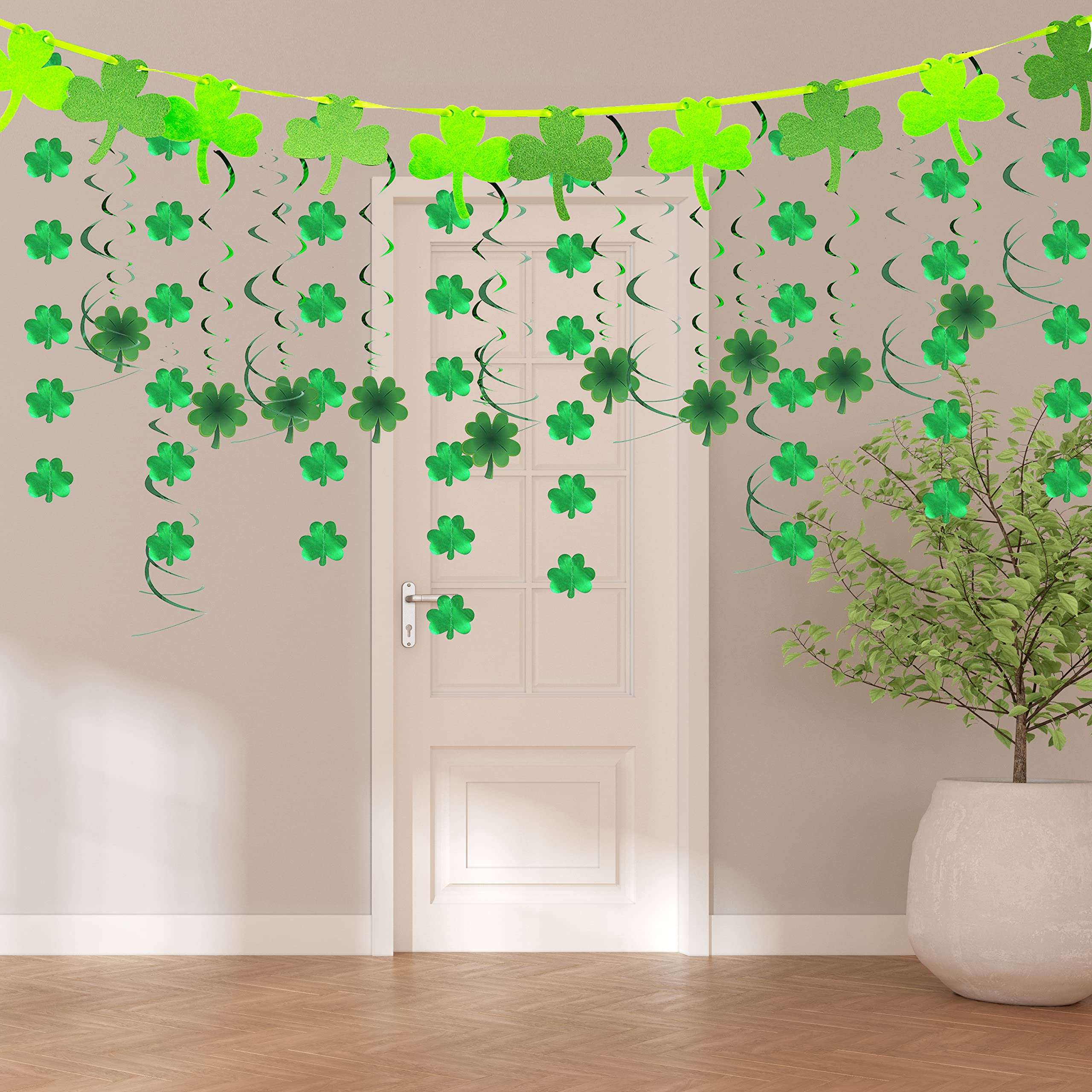 JOYIN 27 Pcs St. Patrick's Day Decoration with Irish Saint Patricks Green Shamrock Foil Strings, Hanging Swirls with Garland. Ceiling Hanging and Wall Decor