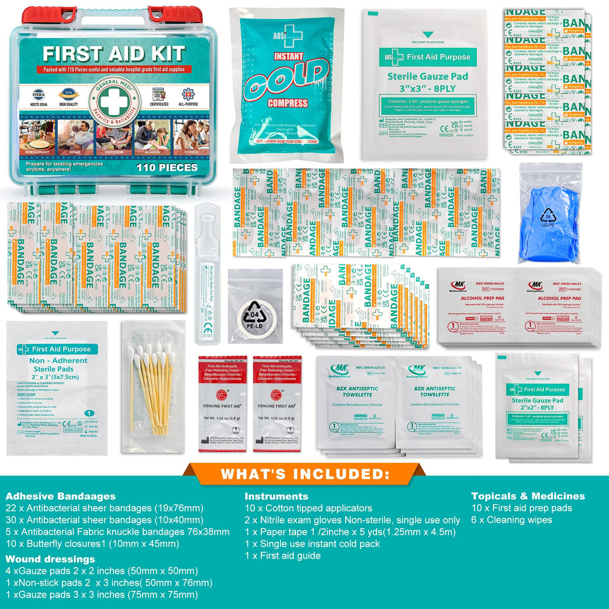 General Medi 110 Pieces Small First Aid Kit - HardCase First Aid Box - Contains Premium Medical Supplies for Travel, Home, Office, Vehicle, Camping, Workplace & Outdoor