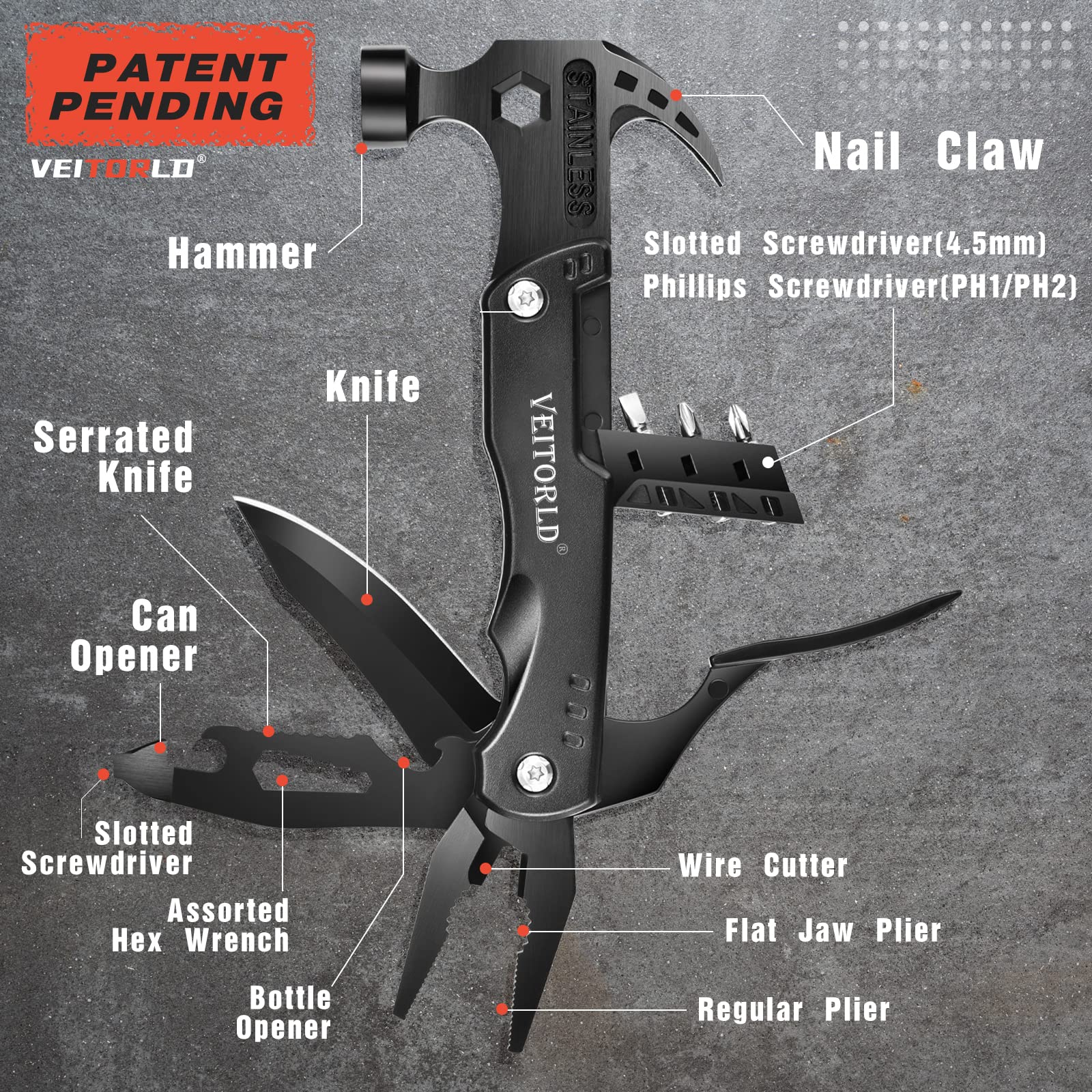 VEITORLD Christmas Stocking Stuffers for Men, Gifts for Men Dad Him, Anniversary Birthday Gifts Idea for Men Him Husband Boyfriend, All in One Tools Hammer Multitool, Camping Hunting Hiking Presents