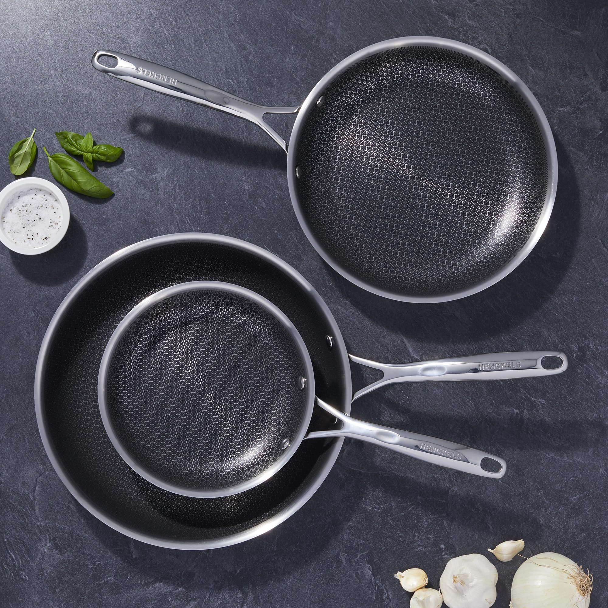 HENCKELS Paradigm 5-pc Cookware Set, Nonstick Frying Pan and Silicone Utensil Set, 3-Ply Stainless Steel Skillets for Induction Cooktop, Gas & Electric Stovetops – Dishwasher Safe & Oven Safe