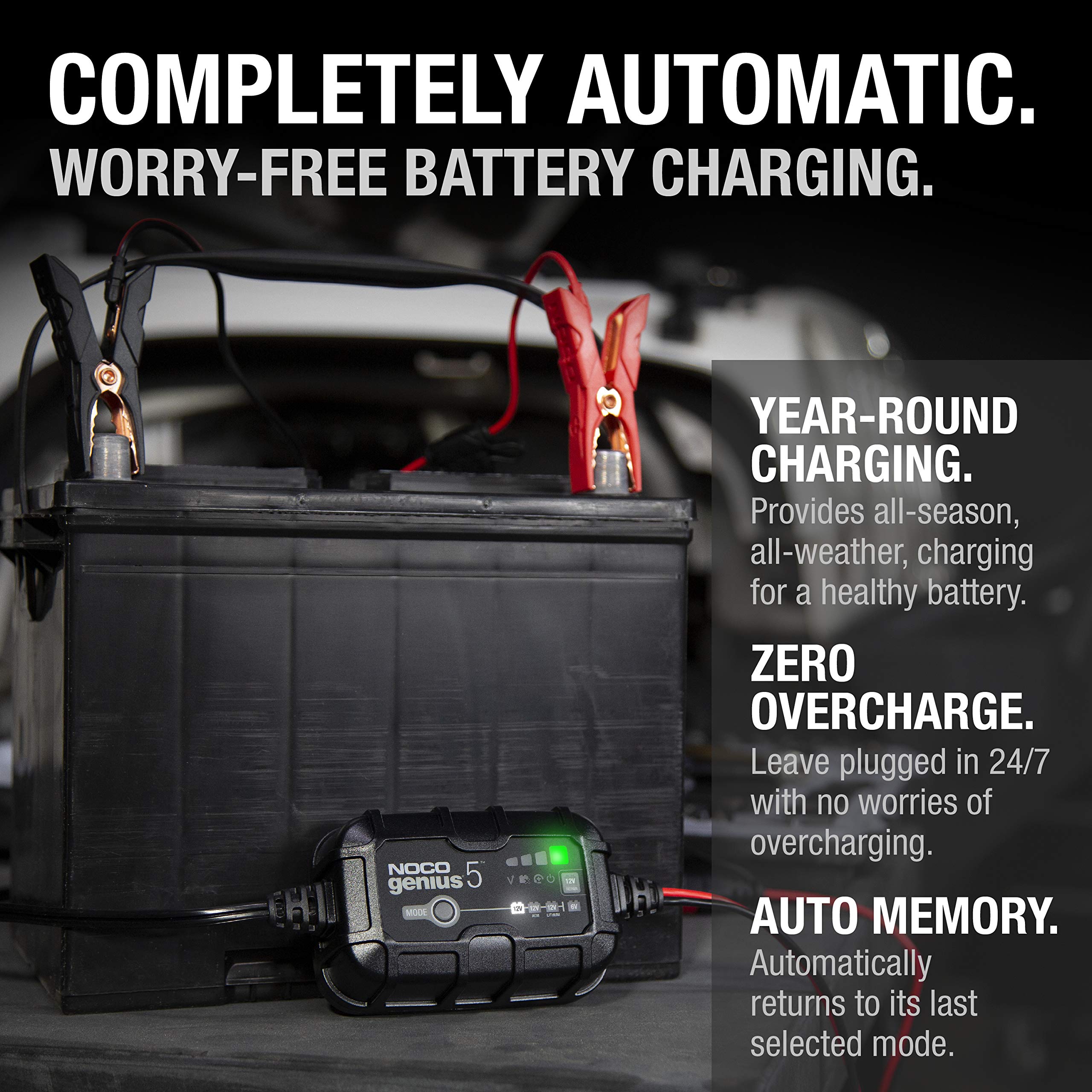 NOCO GENIUS5: 5A 6V/12V Smart Battery Charger – Automatic Maintainer, Trickle Charger & Desulfator with Overcharge Protection & Temperature Compensation – For Lead-Acid & Lithium Batteries