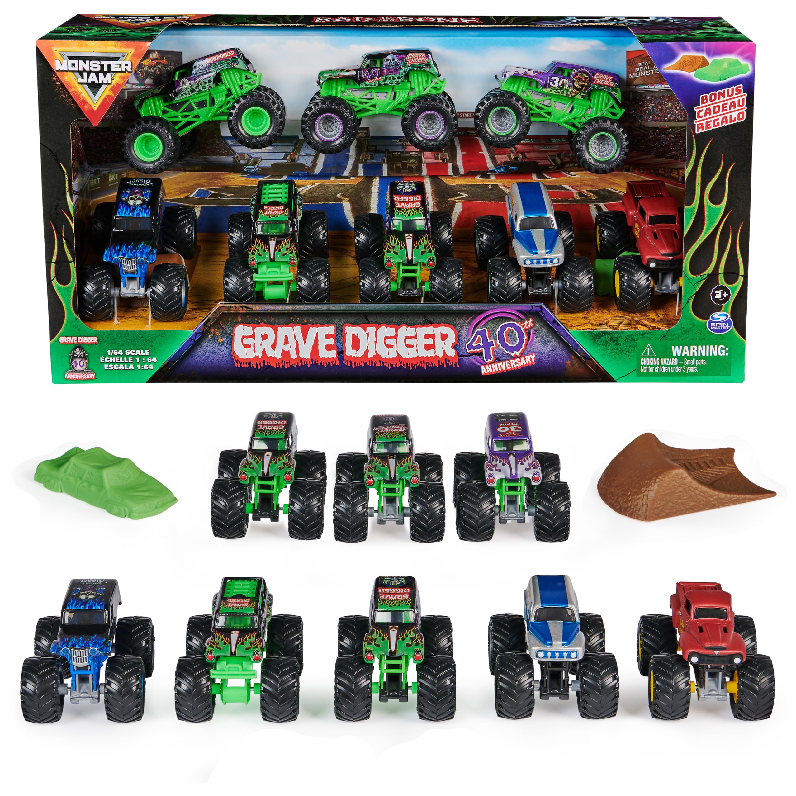 Monster Jam, Grave Digger 40th Anniversary 8-Pack Monster Trucks with Bonus Accessories, 1:64 Scale, Kids Toys for Boys and Girls 3 and up