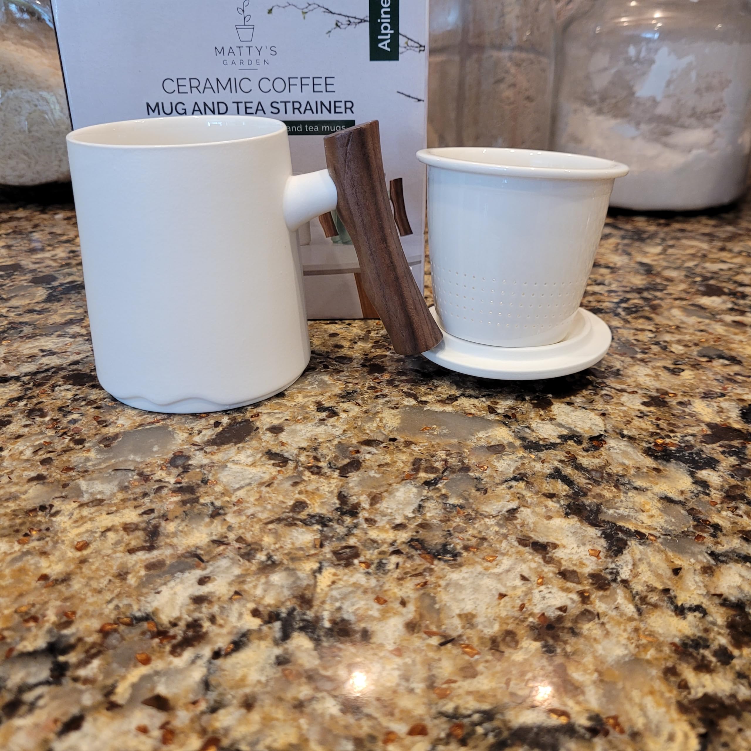Matty's Garden White Ceramic Coffee Mug and Tea infuser - 12 oz with lid and steeper and wooden handle