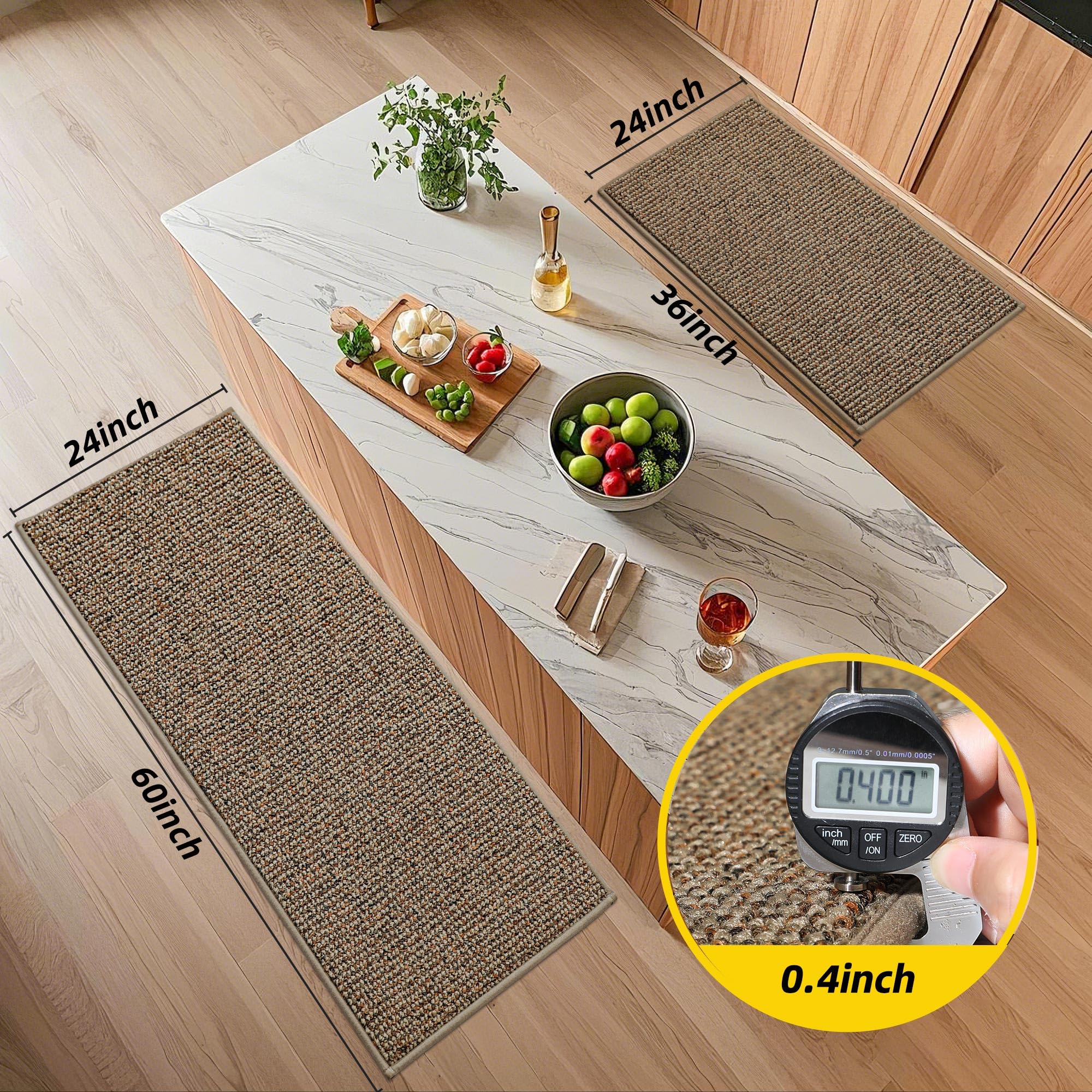 JSEI Kitchen Rugs, 2PCS Non-Slip Kitchen Mats for Floor, Machine Washable Absorbent and Stain Resistant Kitchen Runner, Carpet Mats with TPR Backing for Kitchen, 24”x36”+24”x60”, Beige