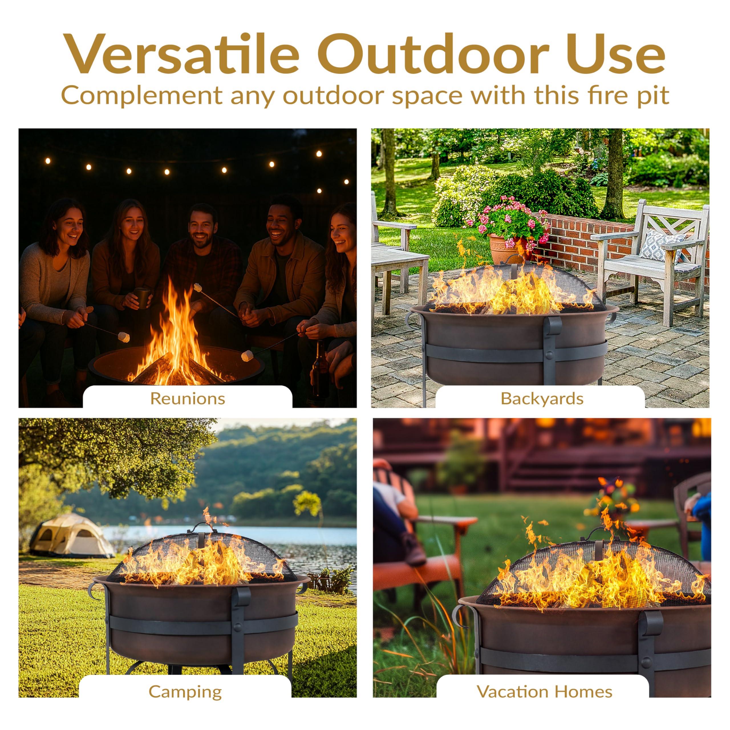 Sunnydaze 29-Inch Wood-Burning Outdoor Fire Pit - Bronze Cauldron Wood Fire Pit for Outside - Includes Poker and Spark Screen