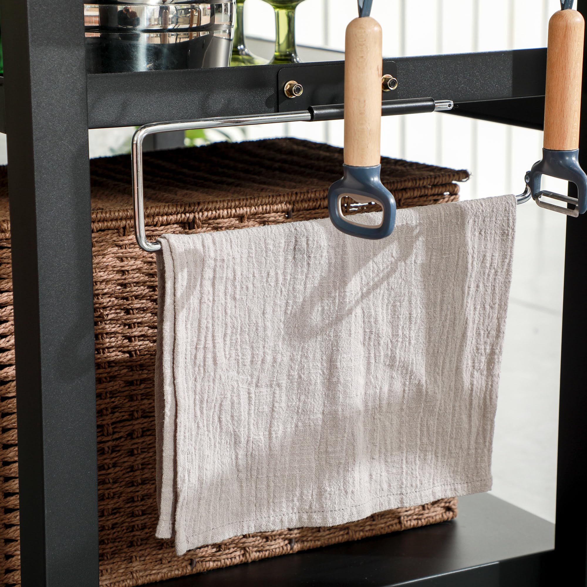 Outsunny Three-Shelf Outdoor Grill Cart with Stainless Steel Tabletop, Side Handle, 32" x 20.5" Multifunctional Pizza Oven Stand, Movable Food Prep Table on Wheels, Black