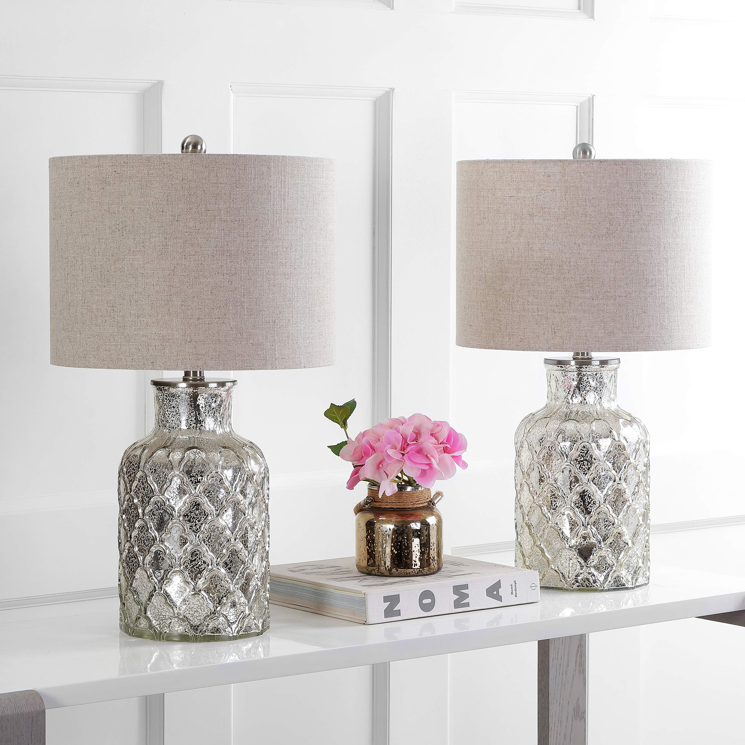 JONATHAN Y JYL1075A-SET2 Set of 2 Table Lamps Alvord 24.5" LED Glass Table Lamp Contemporary Bedside Desk Nightstand Lamp for Bedroom Living Room Office College Bookcase, Mercury Silver