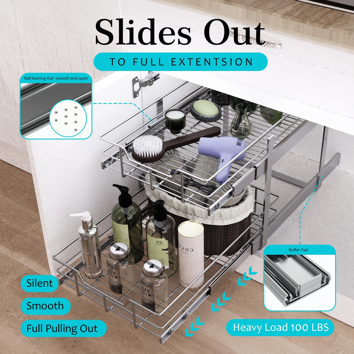 2 Tier Pull Out Cabinet Organizer 14" W X 22" D, Slide Out Drawers For Kitchen Cabinets, Pull Out Drawers For Cabinets Capacity Heavy Duty Caddy, Cabinet Pull Out Shelves Chrome-Plated,Bathroom Pantry