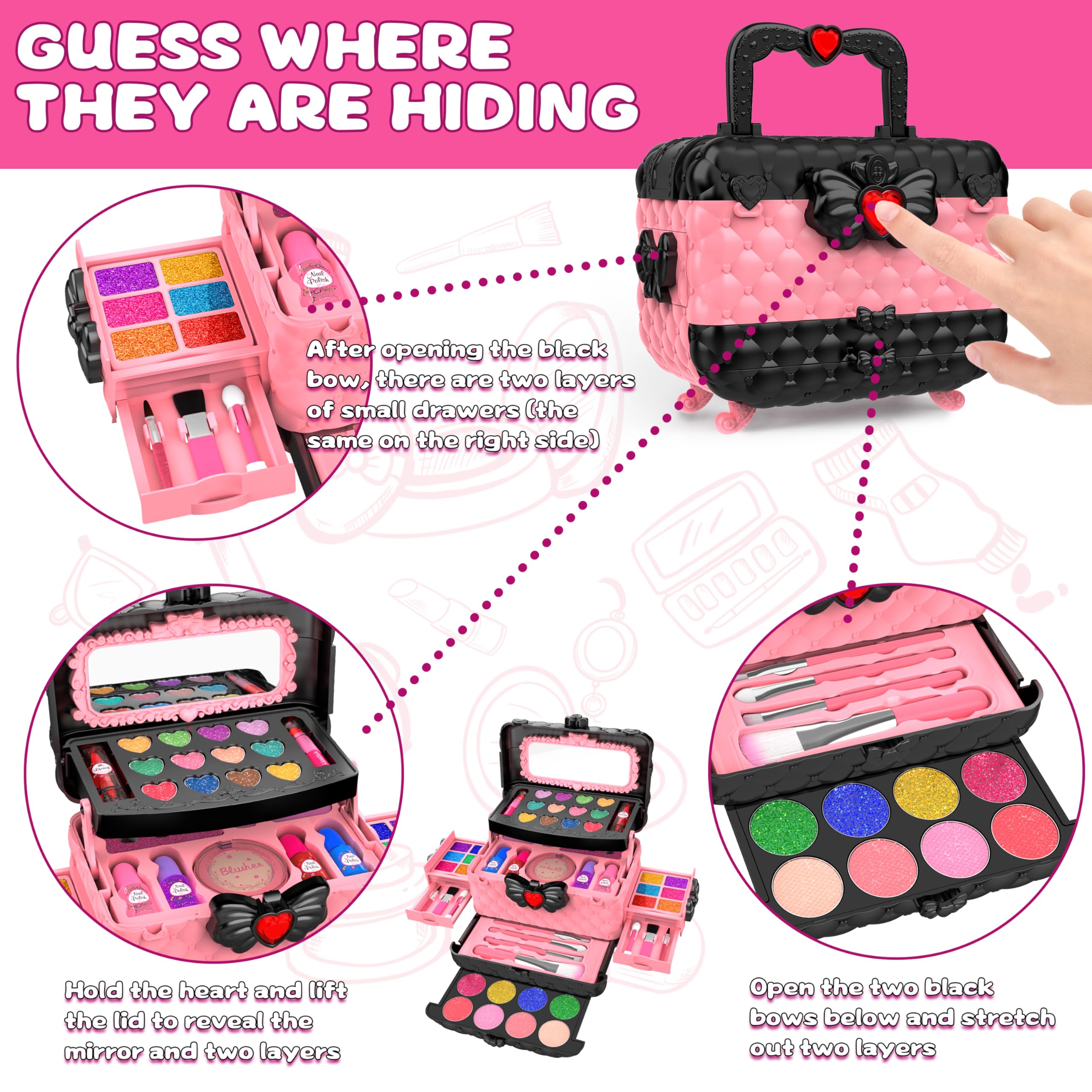 54 Pcs Kids Makeup Kit for Girls, Princess Real Washable Pretend Play Cosmetic Set Toys with Mirror, Non-Toxic & Safe, Birthday Gifts for 3 4 5 6 7 8 9 10 Years Old Girls Kids (Pink)