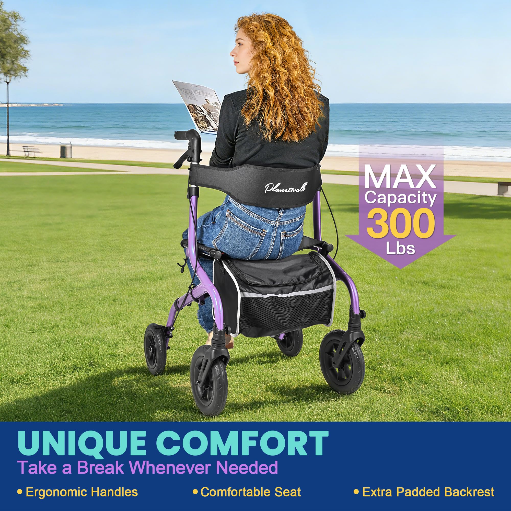 PLANET WALK Foldable Rollator Walker: 10" & 8" All-Terrain Wheels, 300lb Capacity, Treaded Rubber Tires, Breathable Seat & Backrest, Lightweight Mobility Aid for Seniors, Purple