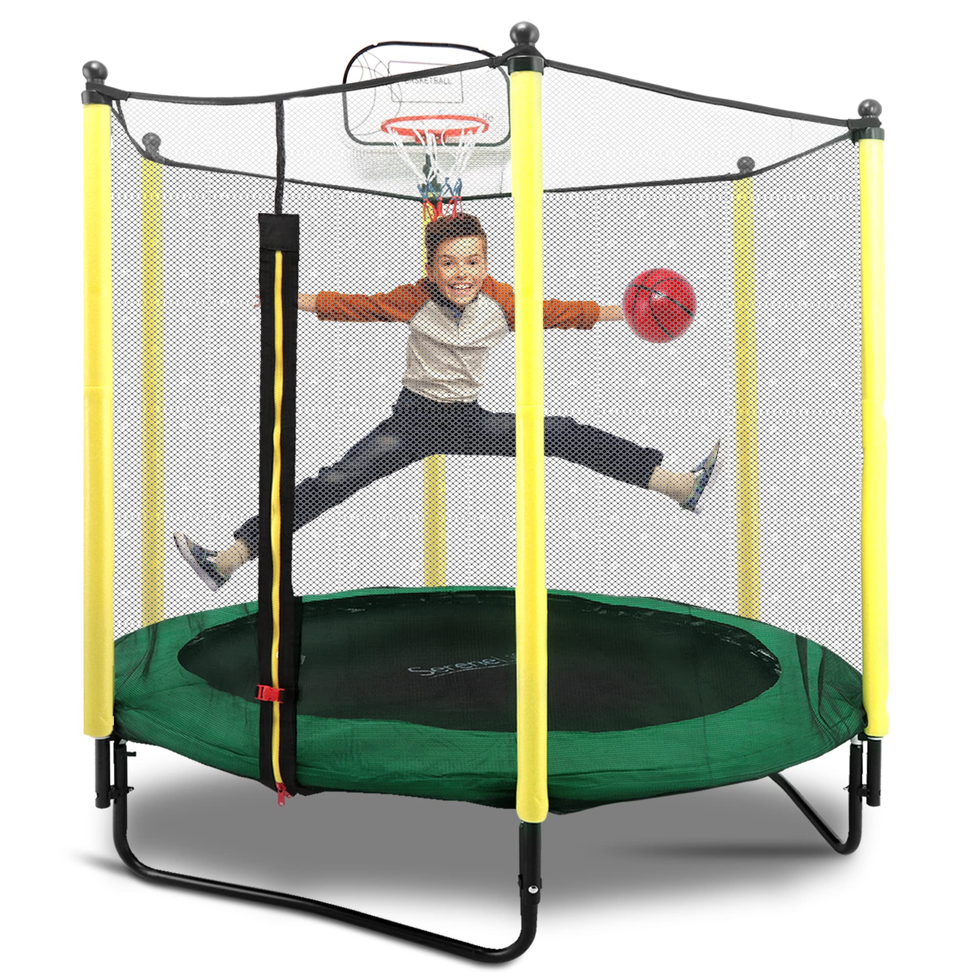 SereneLife 5ft Outdoor and Indoor Mini Toddler Trampoline with Enclosure Safety Net Basketball Hoop Jumping Fun Trampoline for Kids/Children, Basketball Hoop, Net Cage, Bday Gifts for Boys/Girls