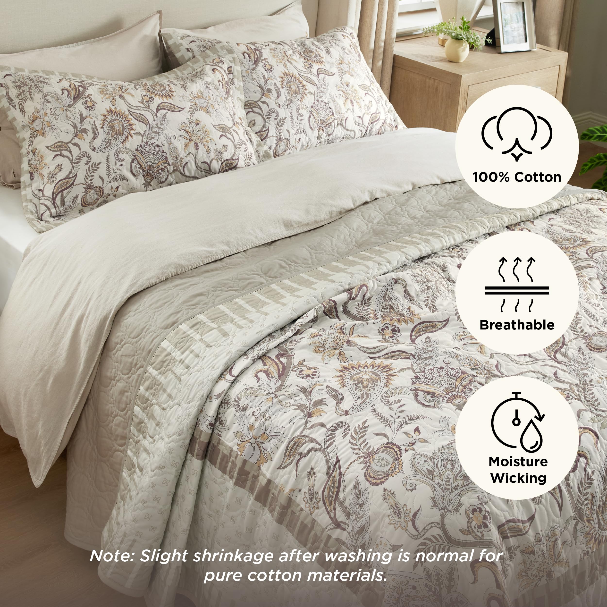 Bedsure Cotton Quilt Set Queen - Paisley Pattern Reversible Quilt Bedding Set, 3 Pieces Microfiber Bedspread, Taupe Floral Coverlet Set with 2 Pillow Shams for All Seasons (90"x96")