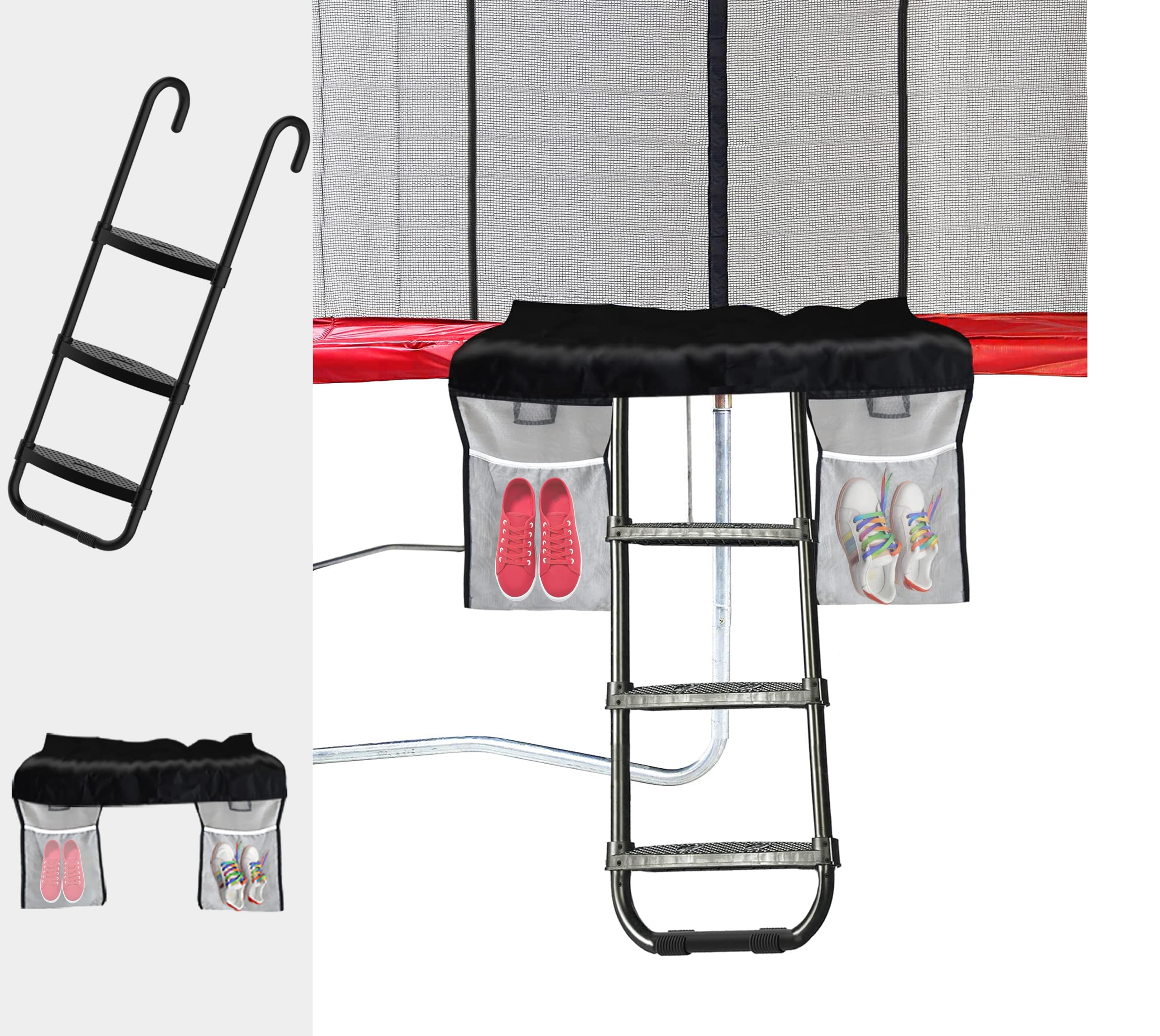 Eurmax USA Universal Easy-to-Assemble Trampoline Ladder, 3 Steps with Wide Steps, Trampoline Storage Bag, 220 lbs Capacity Trampoline Accessories for Children Kids, Black