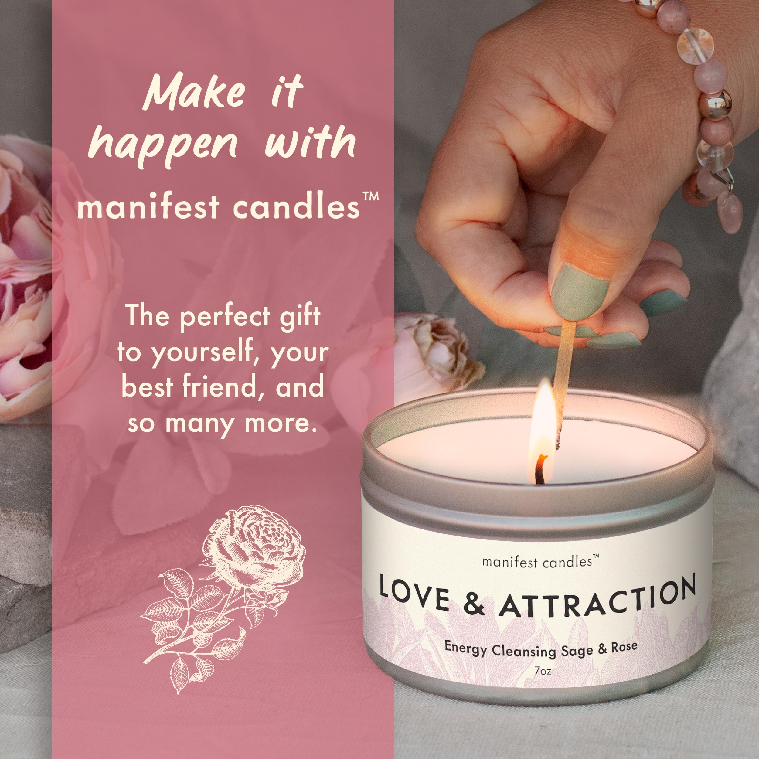 Manifest Candles 7oz Love Candle to Attract Love - Rose & Sage Scented - Love Attraction & Manifestation - Spiritual Meditation Candle with Manifestation Love Crystals Bracelets for Women