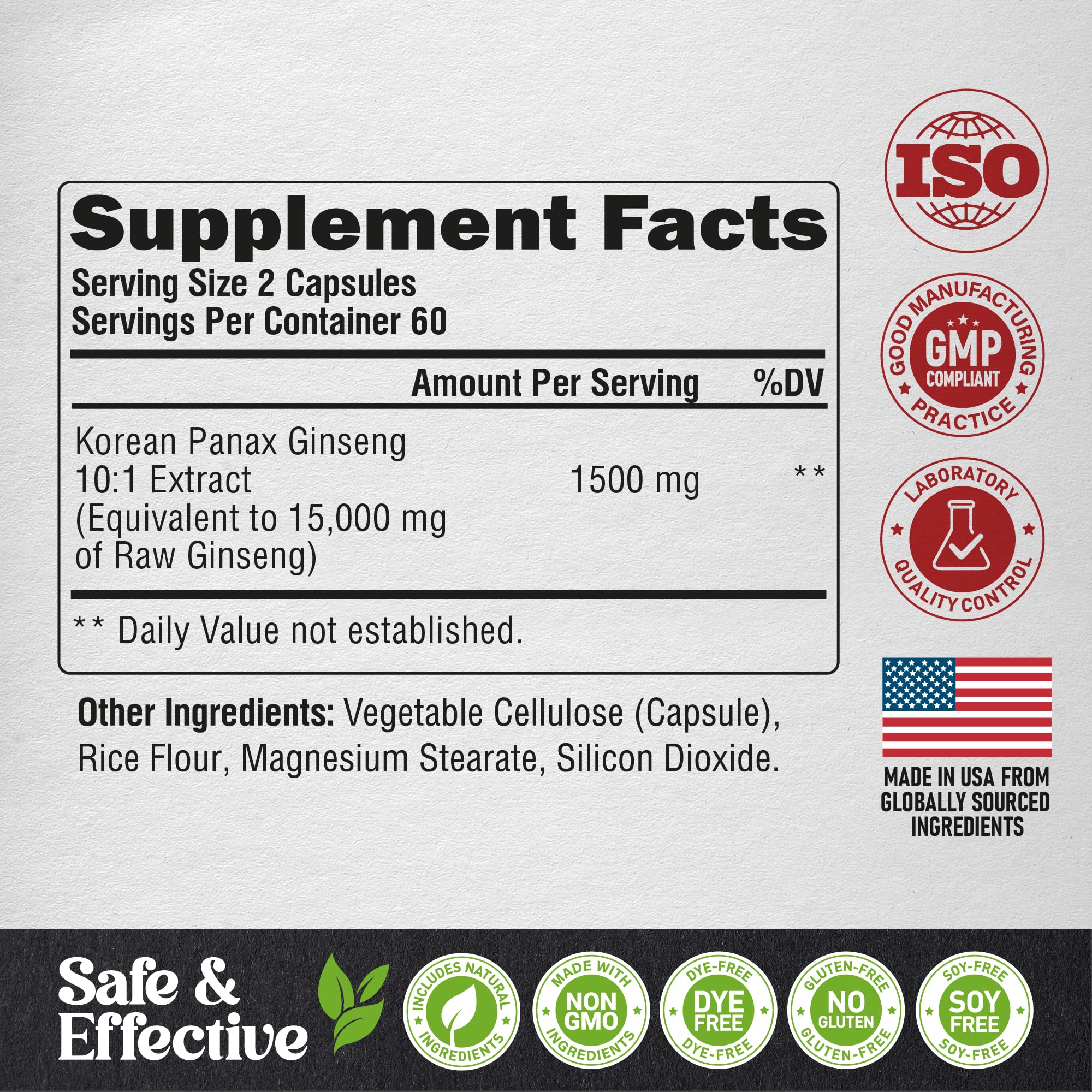 Panax Ginseng 15,000 mg - Red Korean Ginseng Supplement for Men - Extra Strength 10:1 Extract - Energy, Focus, Productivity & Performance - Natural & Vegan - Made in USA - 120 Capsules, 2 Month Supply