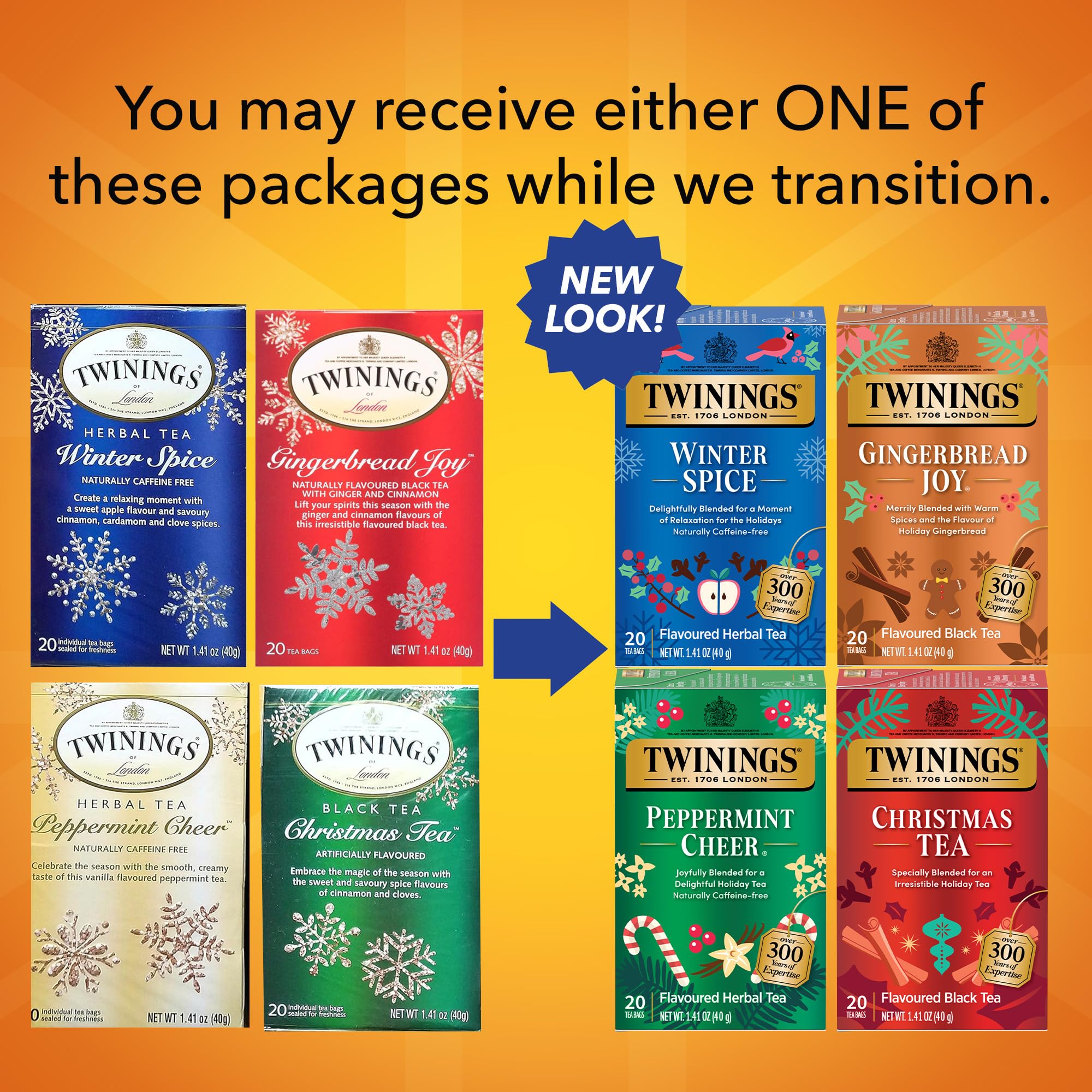 Twinings Holiday Variety Pack Tea Bags, Christmas Tea, Winter Spice, Gingerbread Joy, Peppermint Cheer, 20 Count (Pack of 4), Enjoy Hot or Iced