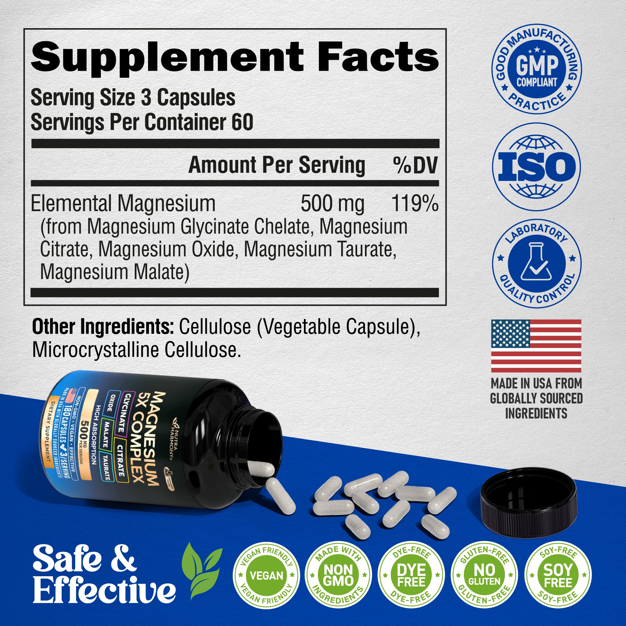 Magnesium Supplement - 5 in 1 Complex | Glycinate | Citrate | Malate | Taurate | Oxide - Made in USA - Stress, Muscle & Heart Support - Vegan, Natural, Non-GMO - 180 Capsules, 2 Month Supply