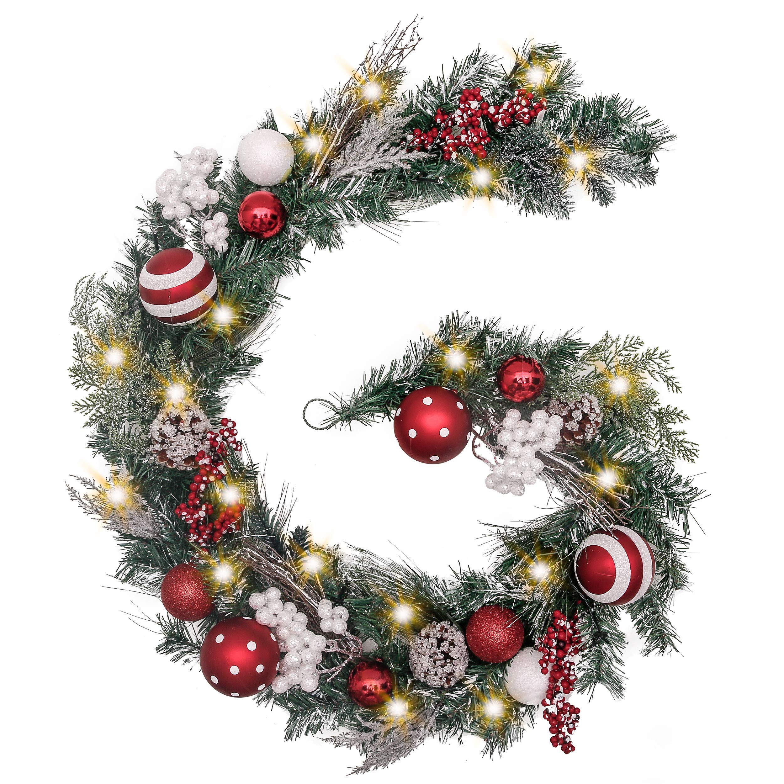 Valery Madelyn 6 feet Pre-Lit Christmas Garland with Lights for Mantle, Lighted Battery Operated Valentine's Day Garland with Red White Balls for Front Door Fireplace Table Centerpiece Decor