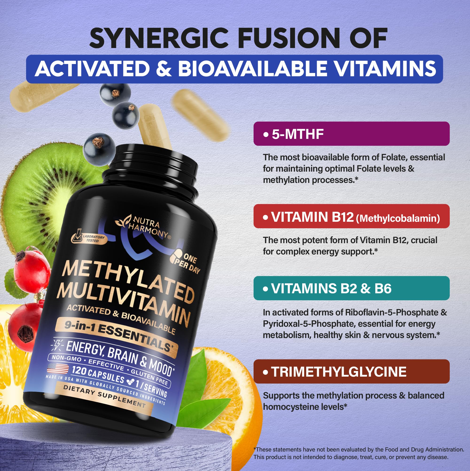 Methylated Multivitamin - B2, B6, 5-MTHF & B12 | Antioxidants C & E | Vitamin D3 & K2 - for Men & Women - 9-in-1 MTHFR Supplement with TMG - Energy, Brain & Mood - Vegan - Made in USA - 120 Capsules