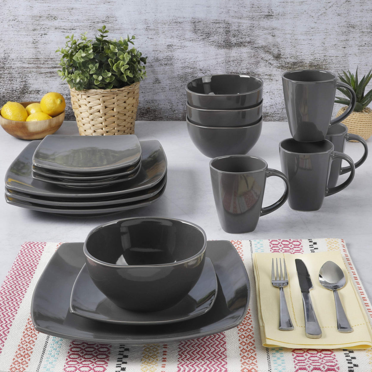 Gibson Soho Lounge Square Reactive Glaze Dinnerware Set, Grey - 97558.16RM, Service for 4 (16pcs)