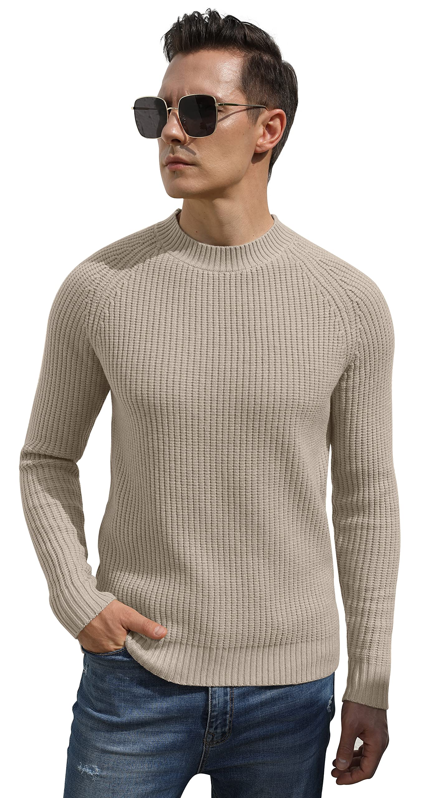 Sailwind Men's Crewneck Casual Sweater Structured Knit Soft Casual Pullover Khaki