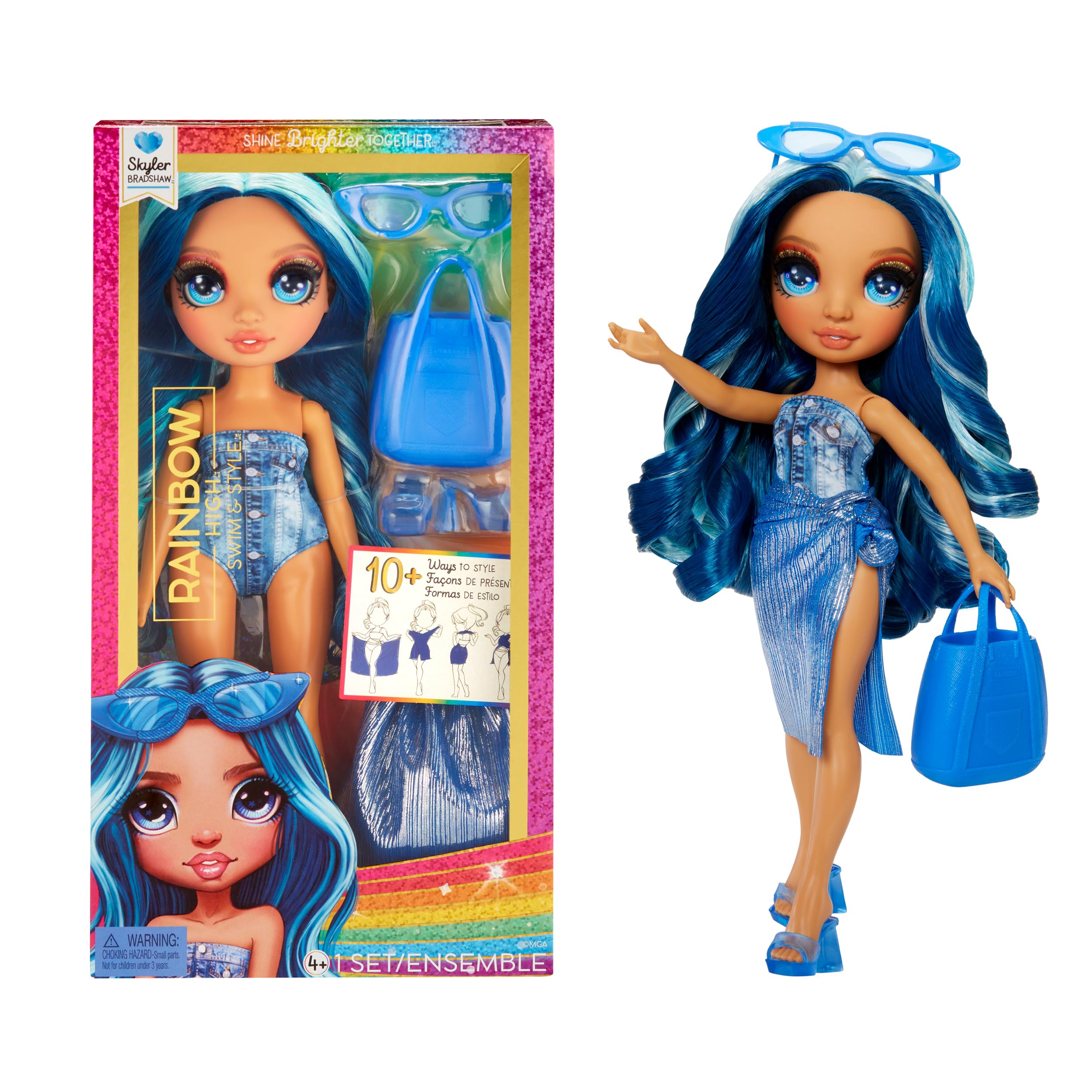 Rainbow High Swim & Style Skyler, Blue 11" Fashion Doll with Shimmery Wrap to Style 10+ Ways, Removable Swimsuit, Sandals, Fun Play Accessories, Great Toy Gift for Girls Kids Ages 4-12 Years