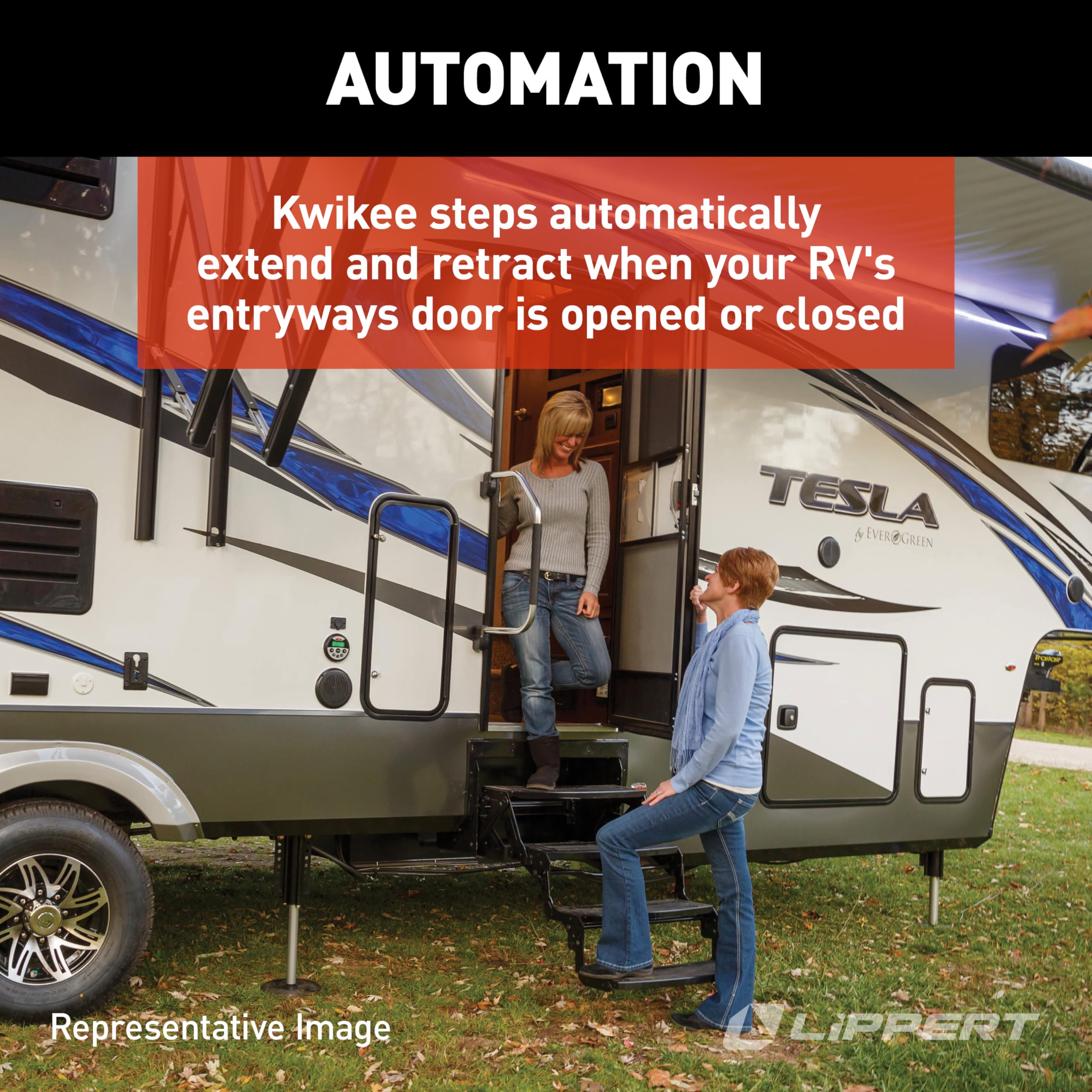 Kwikee 25 Series Triple 12V Electric RV Step Assembly, 8" Rise, 300 lbs. Heavy-Gauge Steel, Logic Control Unit, Power Switch Kit, Anti-Slip Steps, Travel Trailers, 5th Wheels, Campers - 3658373