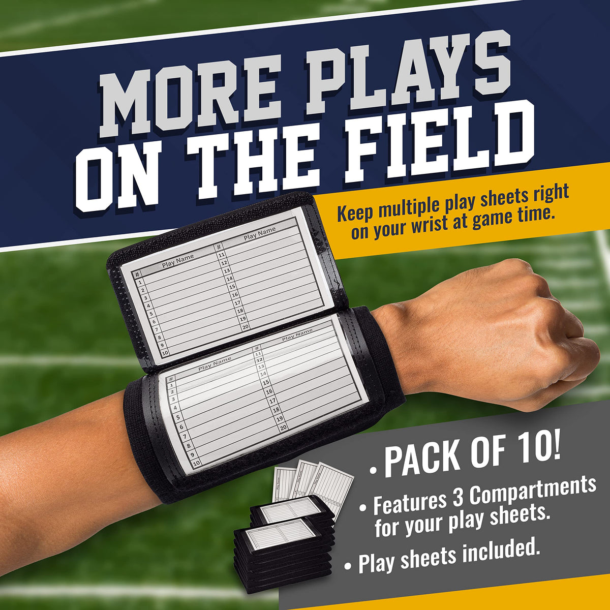 GSM Brands Quarterback (QB) Play Wristband - Adult Size - Pro Football Armband Playbook - 10 Pack (Black)