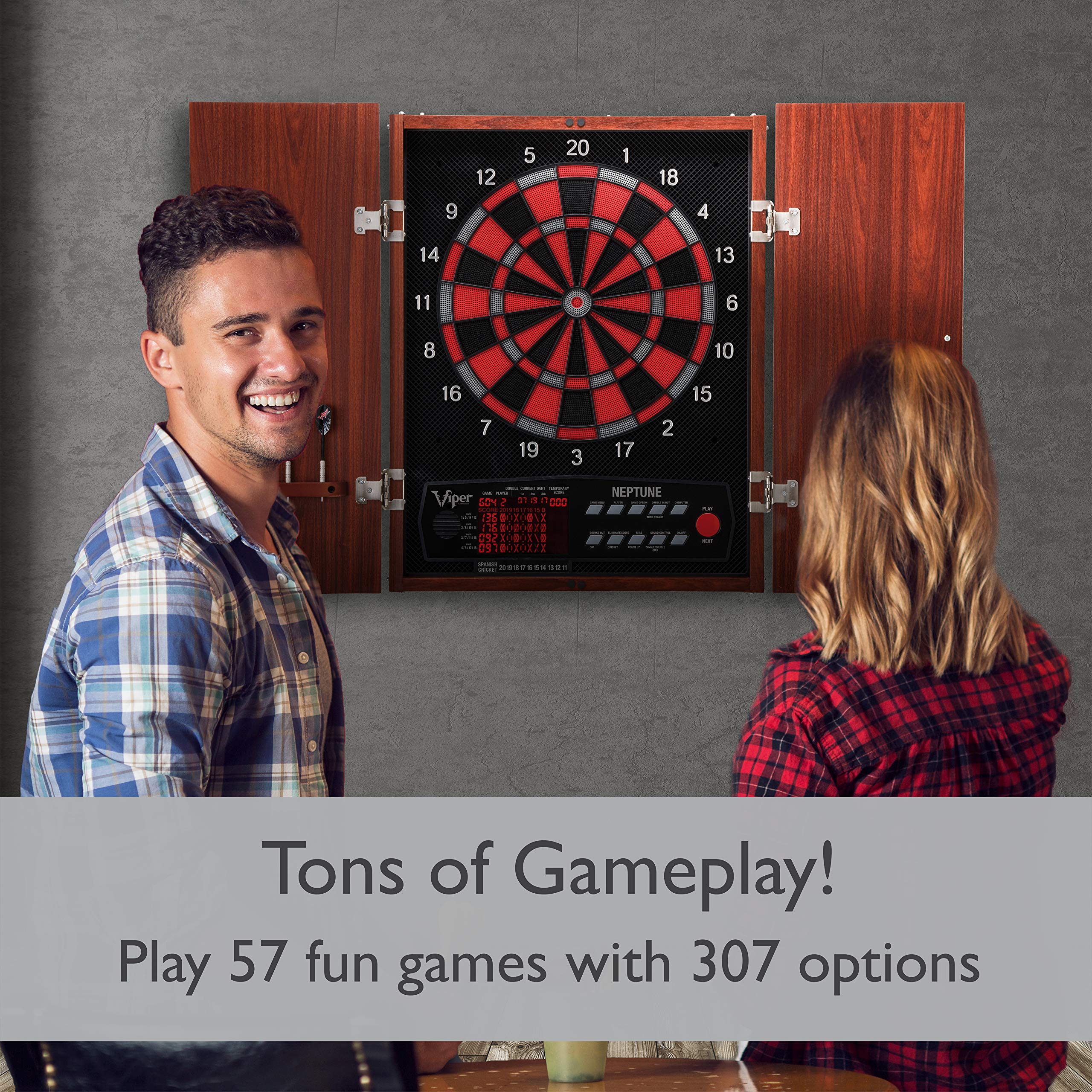 Viper by GLD Products Neptune Electronic Dartboard Cabinet Combo Pro Size Over 55 Games Large Auto-Scoring LCD Cricket Display Extended Dart Catch Area 16 Player Multiplayer with Soft Tip Darts and Power Adapter , 21.5" L x 26.5" W x 3.5" H
