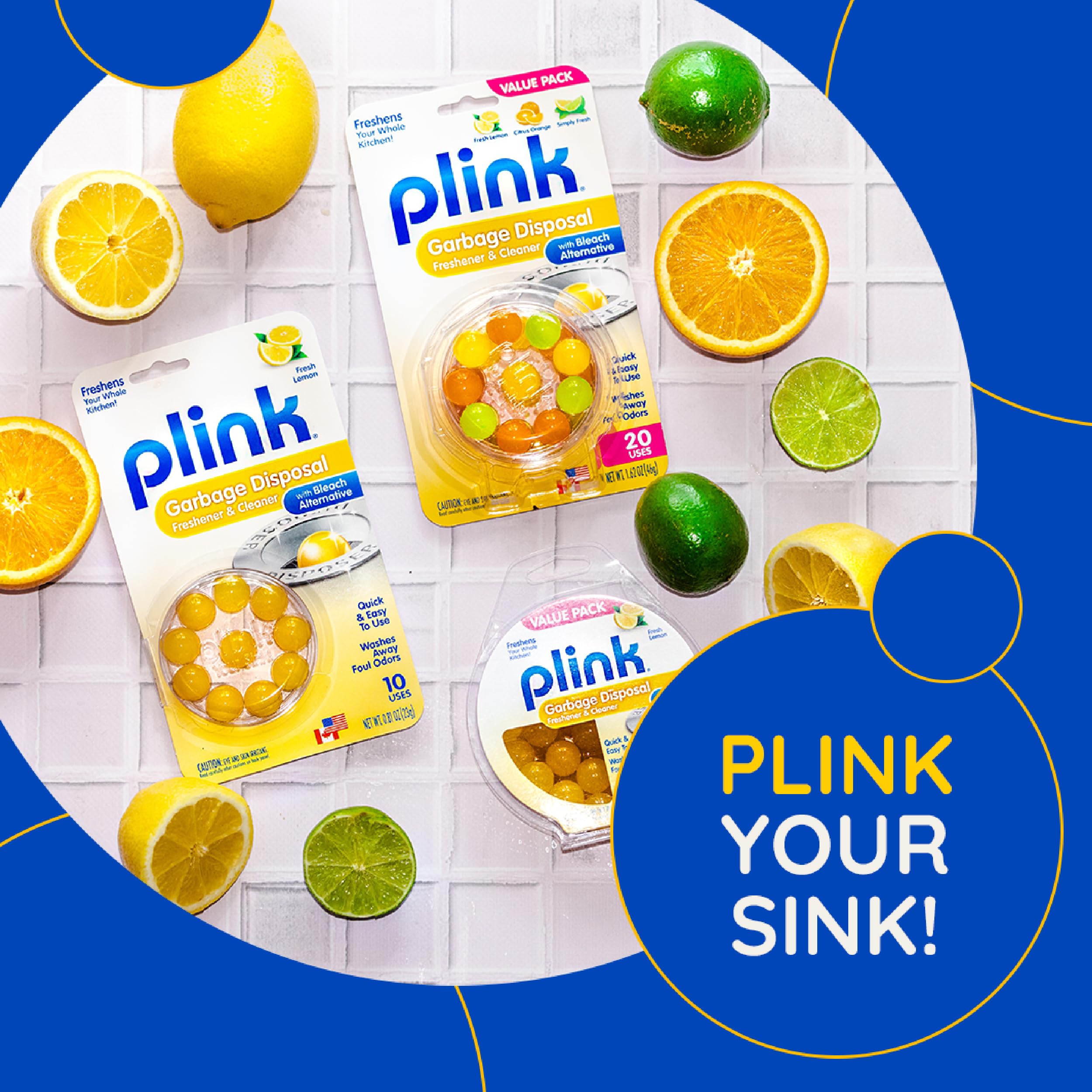 Plink Garbage Disposer Freshener and Cleaner, Sink Disposal Odor Eliminator, Quick and Easy-to-Use Capsules, Septic-Friendly, Citrus Scents, 20 Count Package