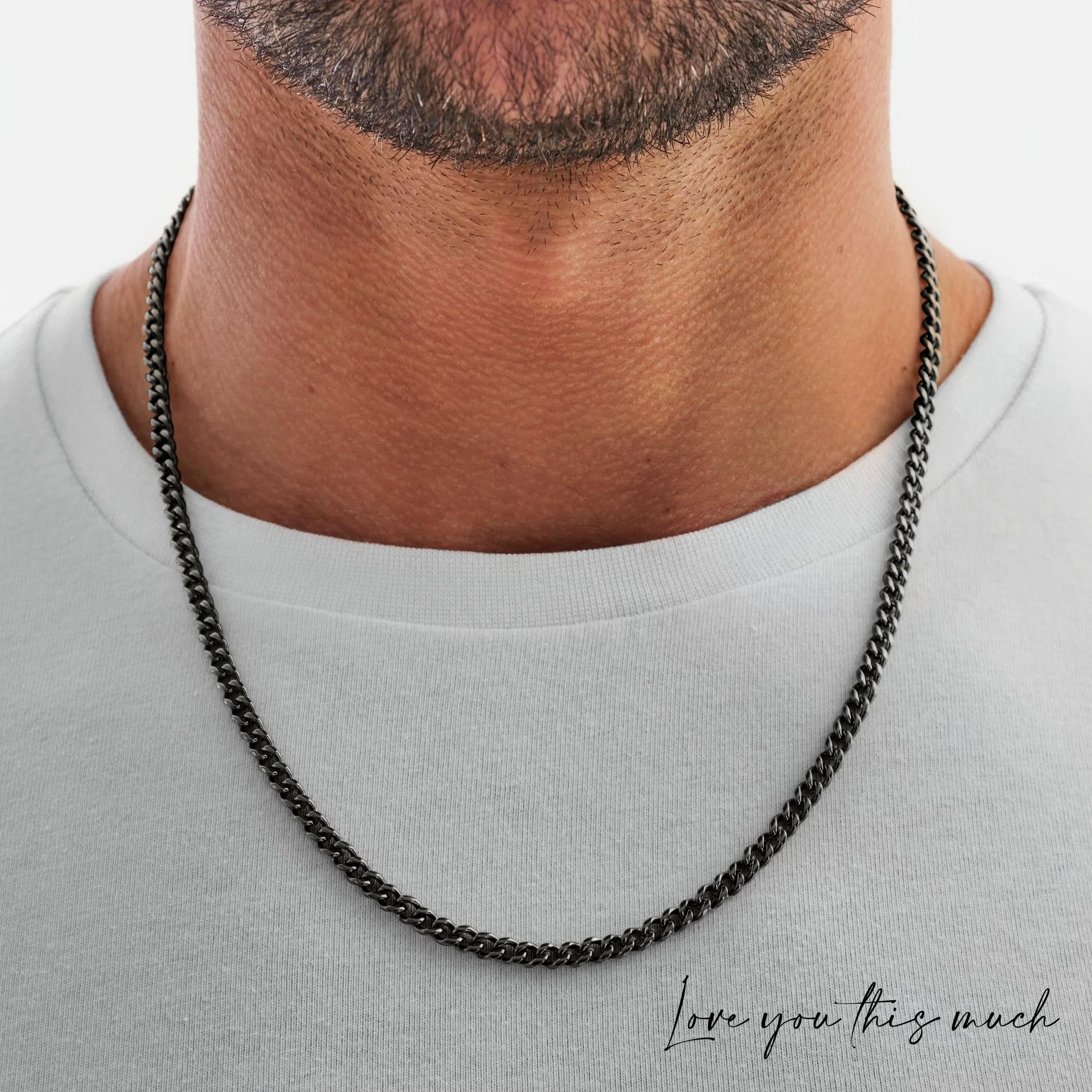 Love You This Much Promise Cuban Chain Necklace for Him, 7mm Thick, Sentimental Gift for Him, BF Gift for Birthday, Gift Ideas for Boyfriend (Titan Black Finish)
