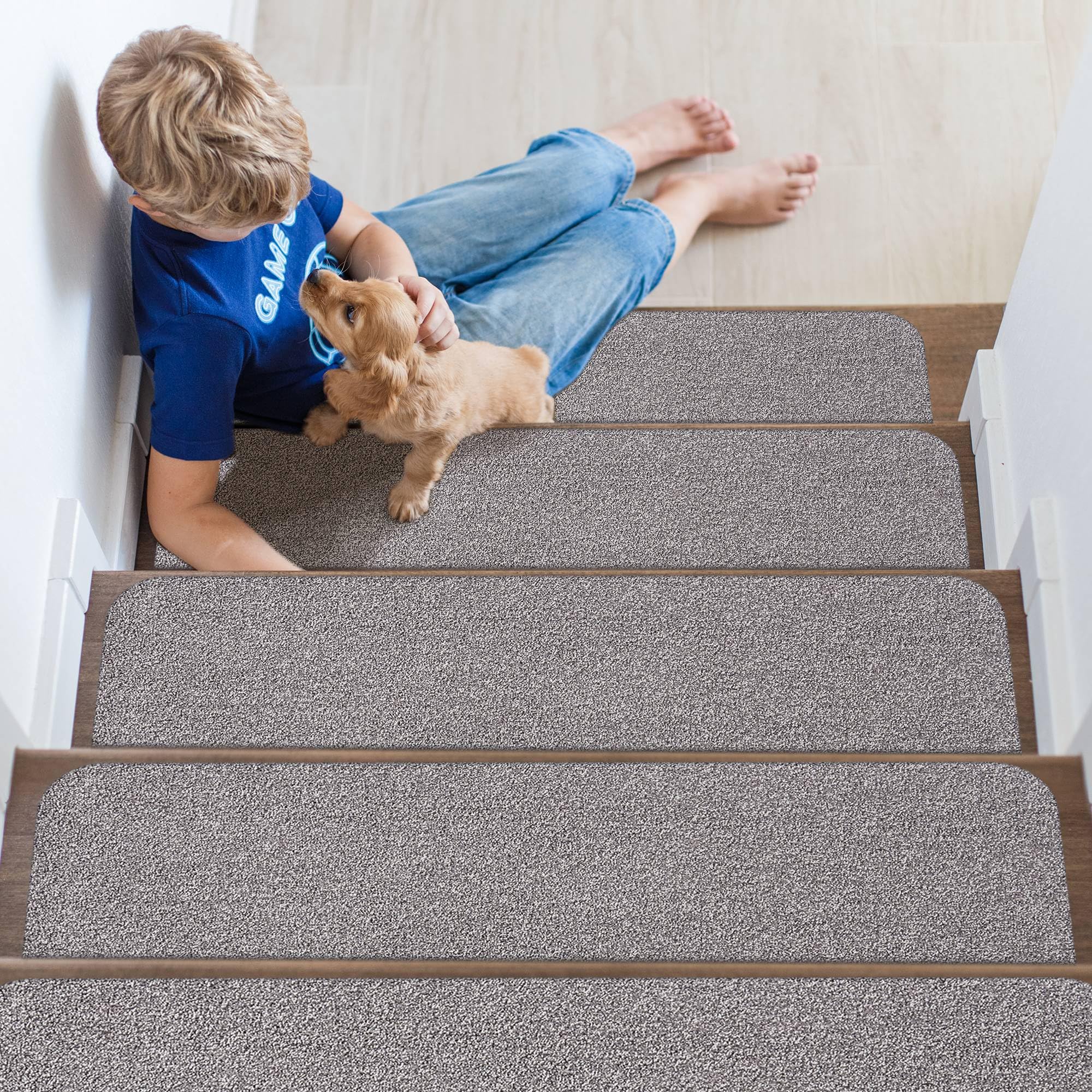 Non-Slip Stair Treads for Wooden Steps Indoor, 15 Pack 9" X 28" Stair Carpet Mats with TPE Backing for Kids Elders and Dogs, 0.3" Thick 100% Polyester Soft Stair Runner Rug, Light Grey