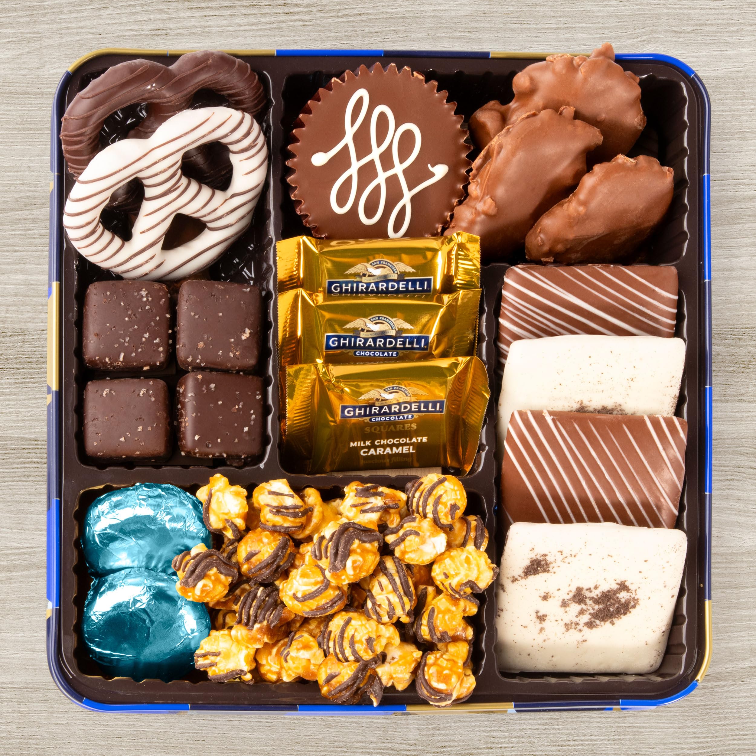 Blue Bow Gourmet Artisanal Chocolate Assortment Gift Tin for Easter, Birthday, Thank You