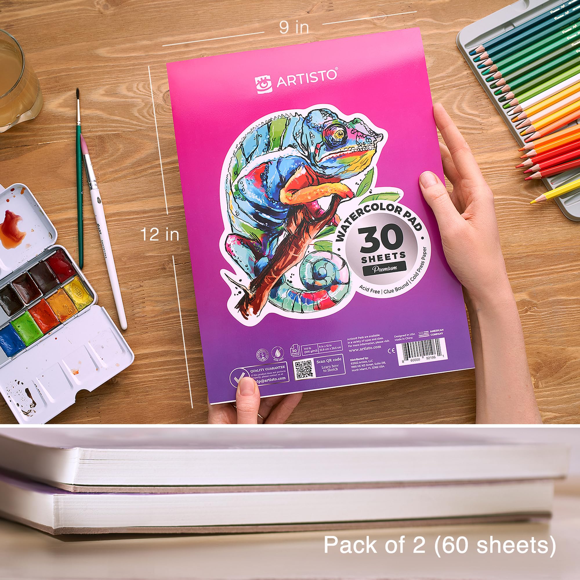 ARTISTO Watercolor Pads 9x12”, Pack of 2 (60 Sheets), Glue Bound, Acid-Free Paper, 140lb (300gsm), Perfect for Most Wet & Dry Media, Ideal for Beginners, Artists & Professionals