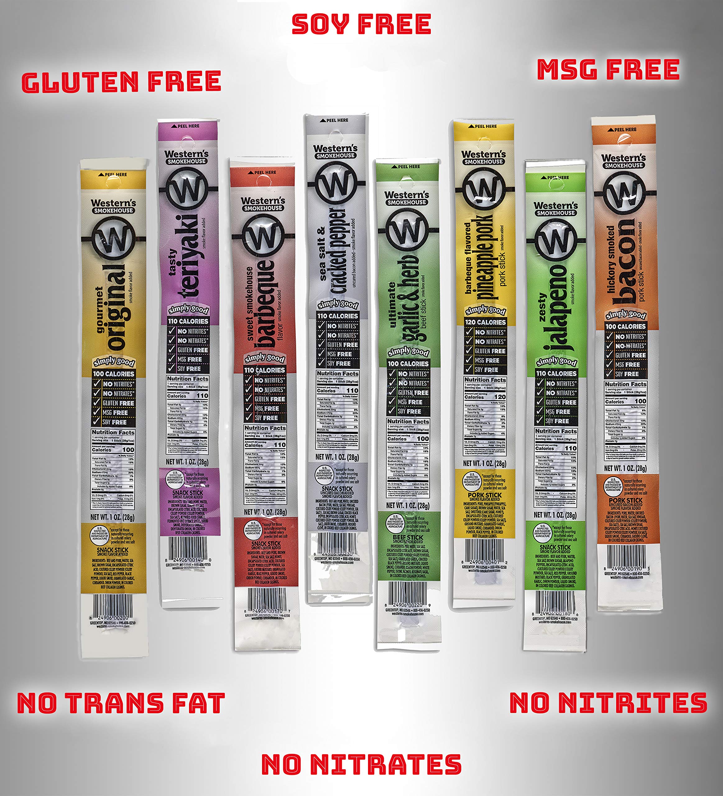 Western's Smokehouse Meat Sticks Variety Pack of 20 – 8 Flavors of Pork and Beef Jerky Sticks - Gluten-Free, MSG-Free, Soy-Free, No Nitrates, Meat Sticks Individually Wrapped,