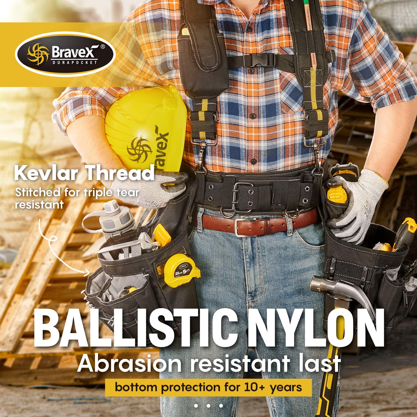 MegaFlint Tool Belt Suspenders Tool Vest Ultra Anti-Wear Tool Belt 20-Pocket Pro Framer's Combo Apron Tool Belt and Yoke-style Suspenders-1200D for Men