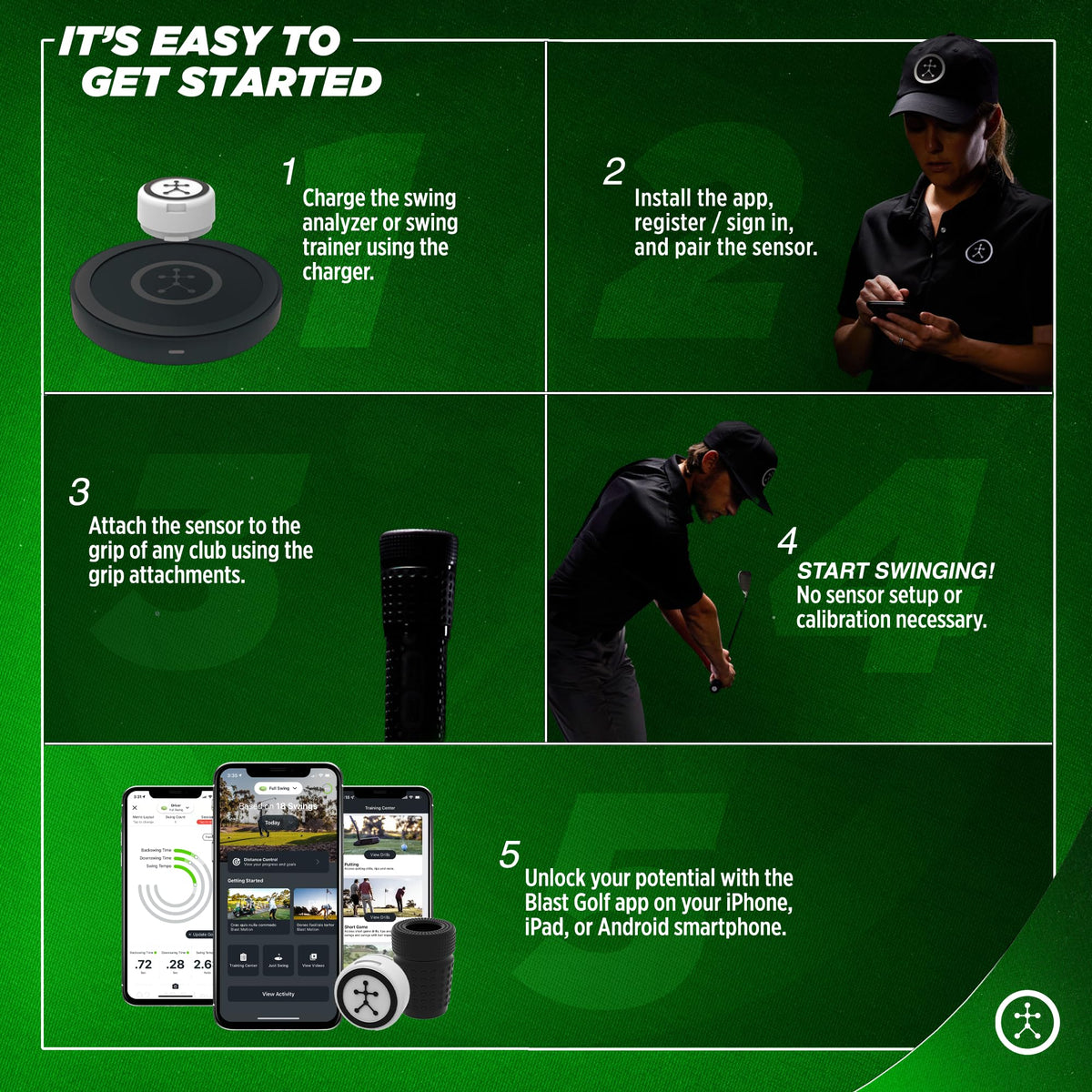 Blast Golf Swing & Stroke Analyzer - Lower Your Scores from tee to Green - Real-time Feedback, Swing Metrics, Video Capture Highlights, Track Performance (gen3 Sensor)