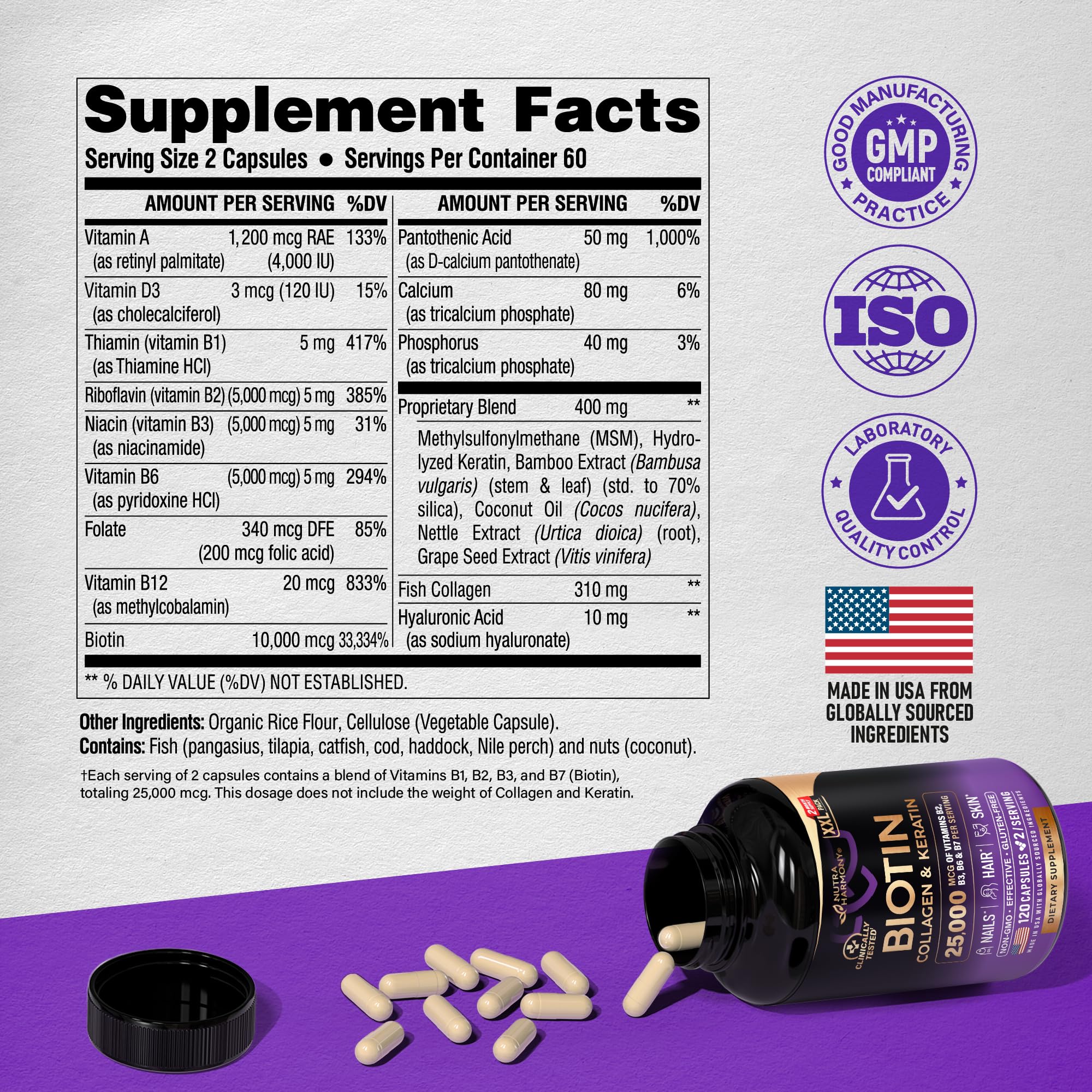 Biotin | Collagen | Hyaluronic Acid | Keratin - Clinically Tested Supplement - Hair Growth Support, Skin & Nails - 25000 mcg Vitamins B2, B3, B6 & B7 + B1 - Made in USA - Women & Men | 120 Capsules