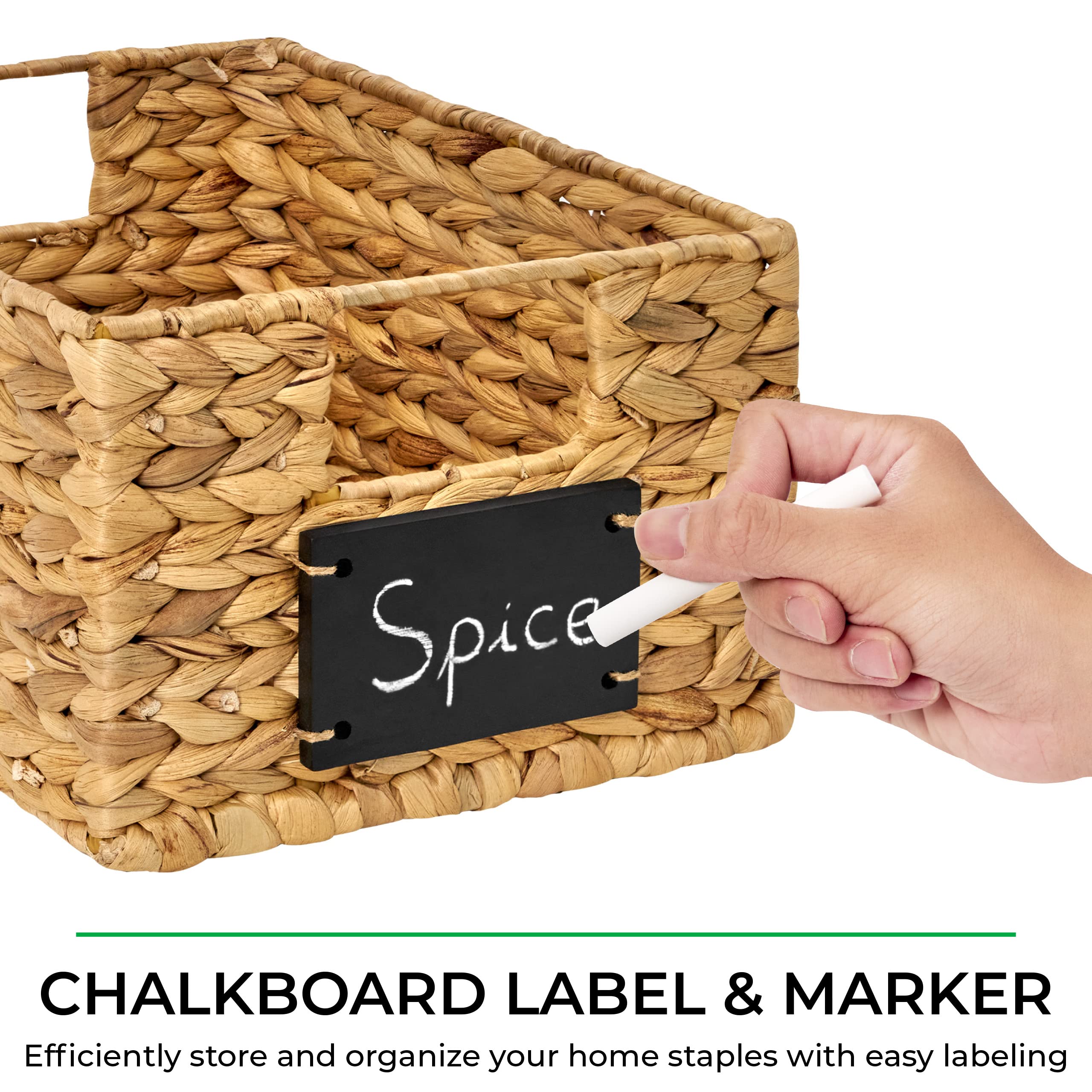 BARIEN 6 Pcs 12" x 9" x 6" Natural Water Hyacinth Woven Storage Baskets, Rectangular Wicker Basket with Built-in Handles, Woven Cube Storage Bin with Chalkboard Label Chalk Marker (Natural - Set of 6)